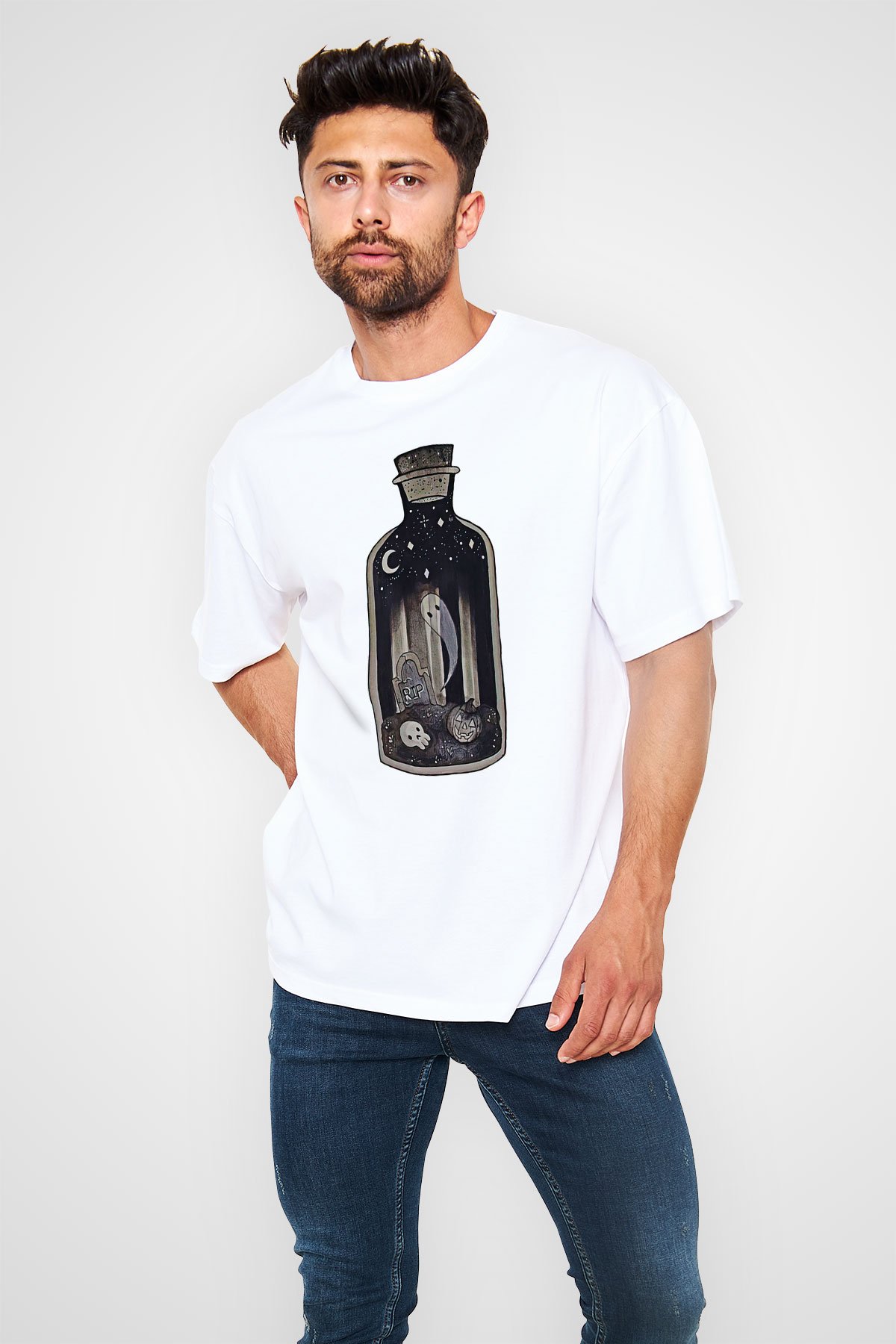 Halloween Baskılı Beyaz Unisex Oversize Tişört - Tshirt