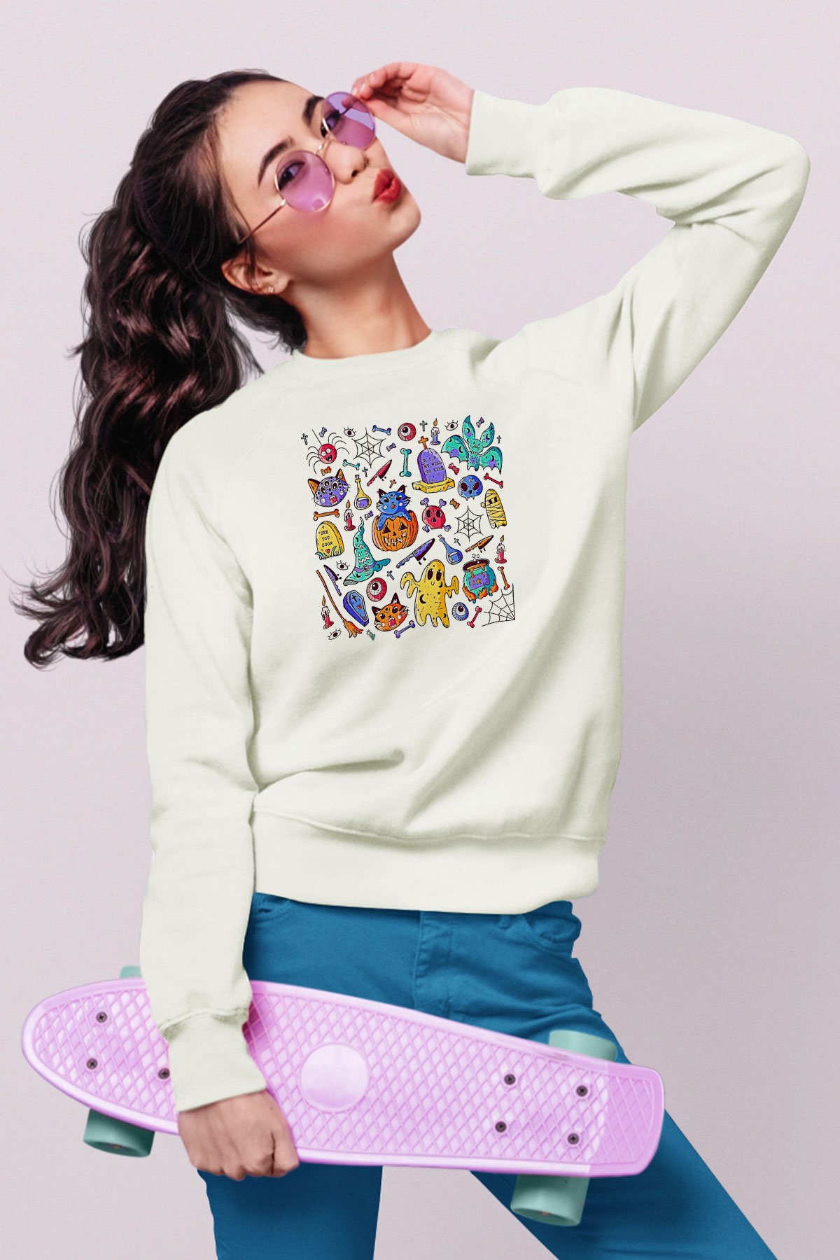 Halloween Baskılı Beyaz Unisex Sweatshirt