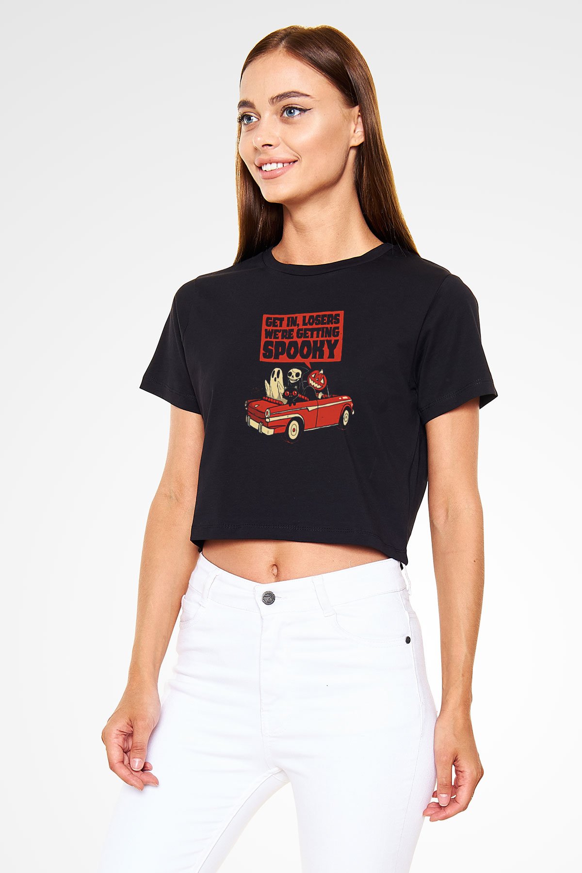 Halloween Baskılı Siyah Crop Top Kadın Tişört - Tshirt