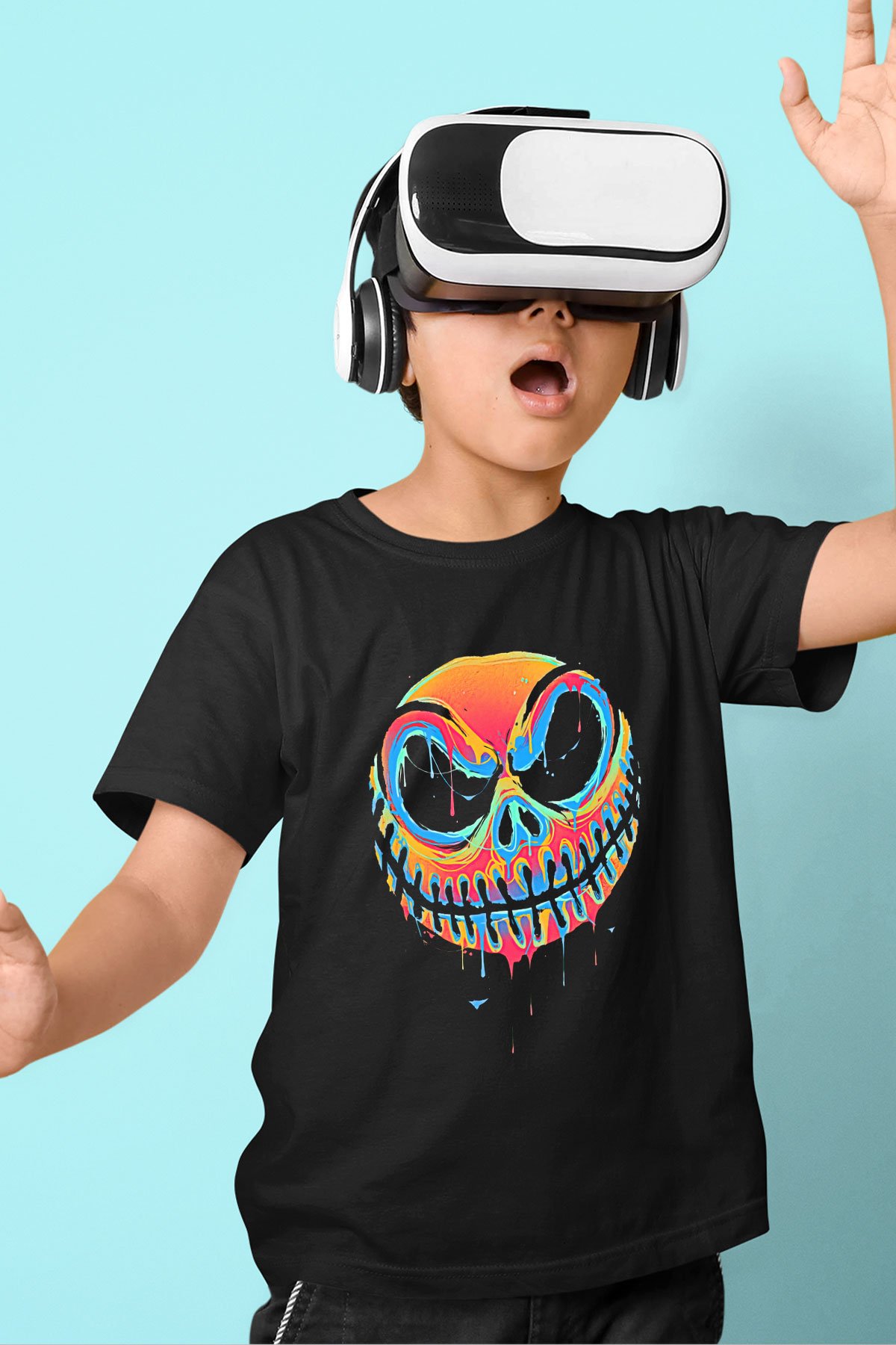 Halloween Baskılı Unisex Siyah Çocuk Tişört - Tshirt