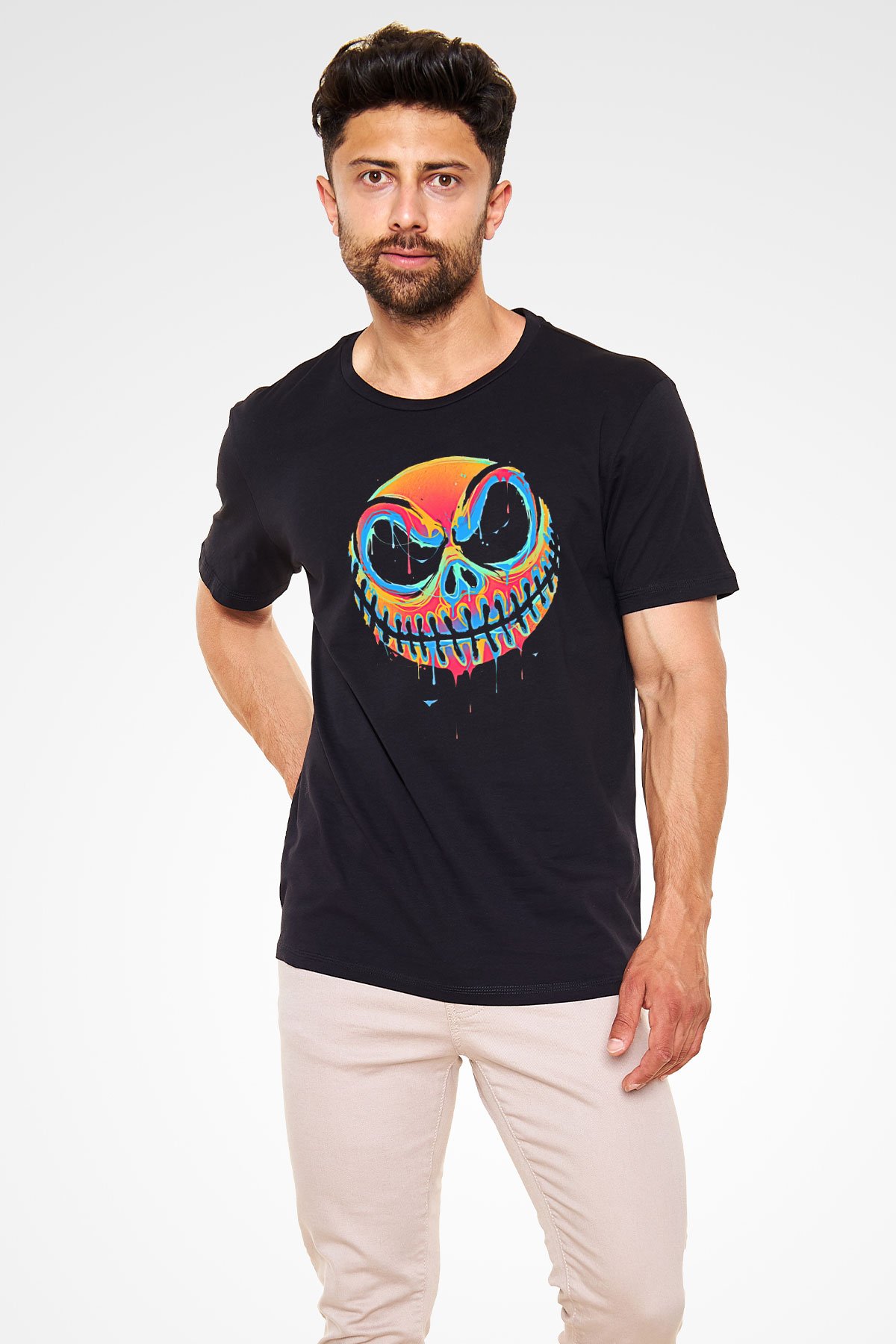 Halloween Baskılı Unisex Siyah Tişört - Tshirt