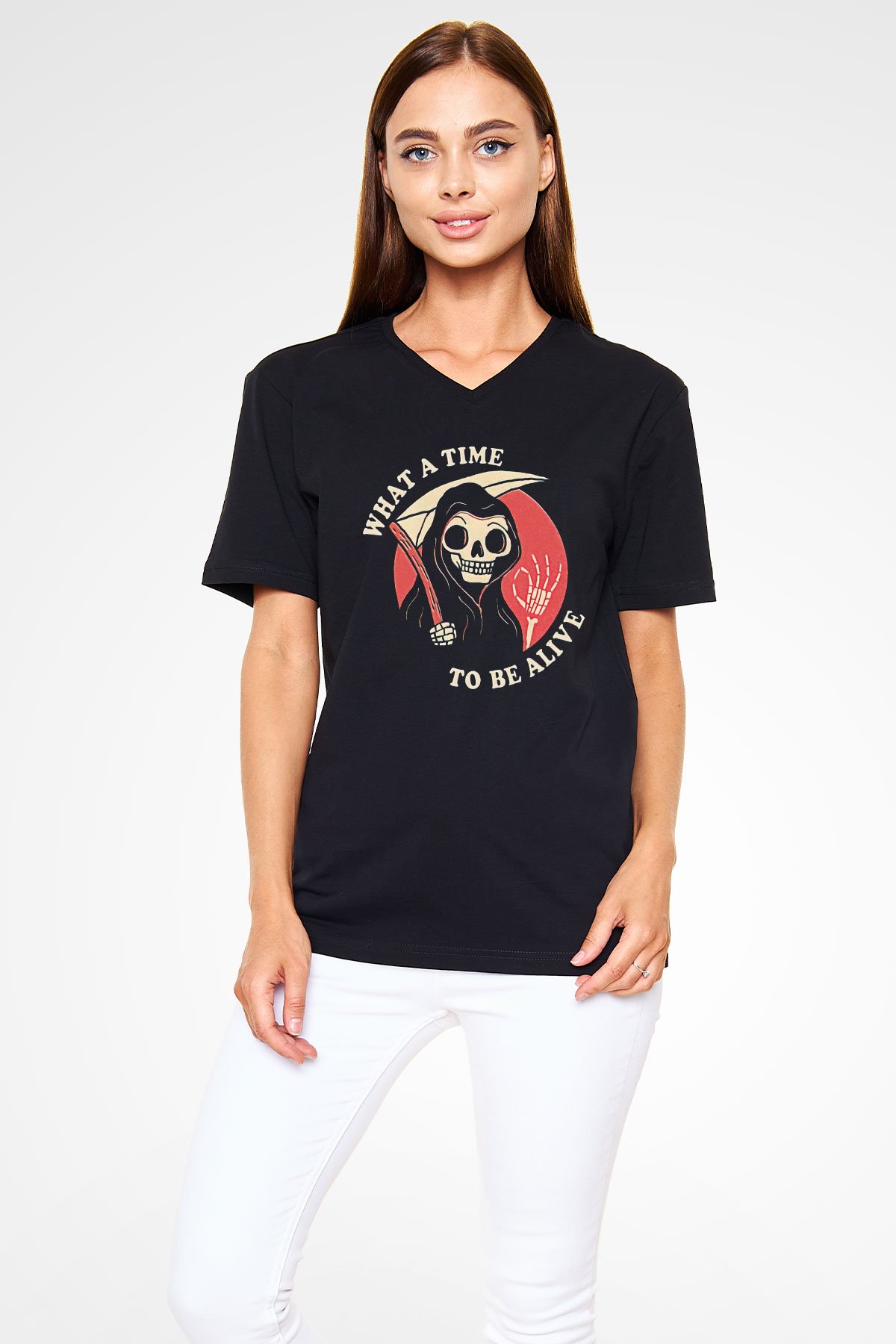 Halloween Baskılı Unisex Siyah V Yaka Tişört - Tshirt