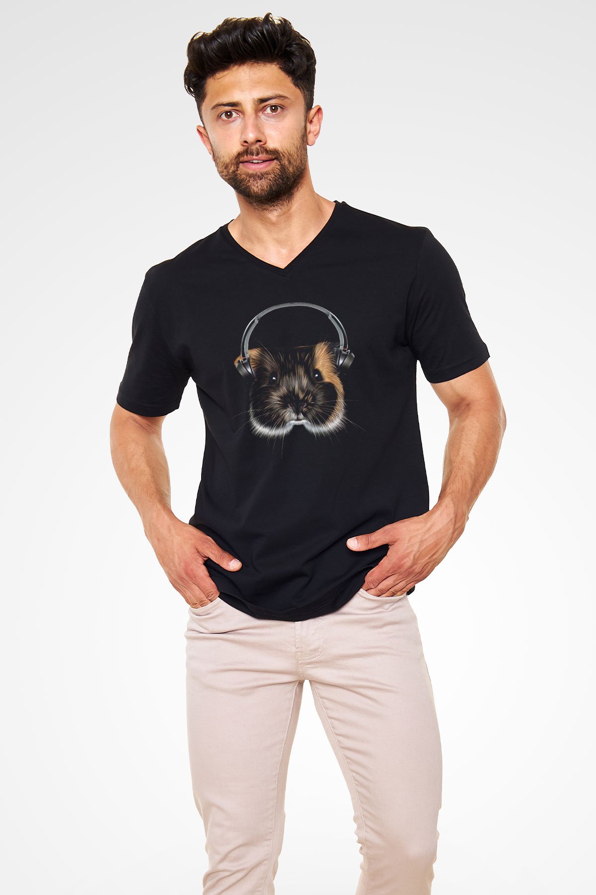 Hamster Siyah Unisex V Yaka Tişört