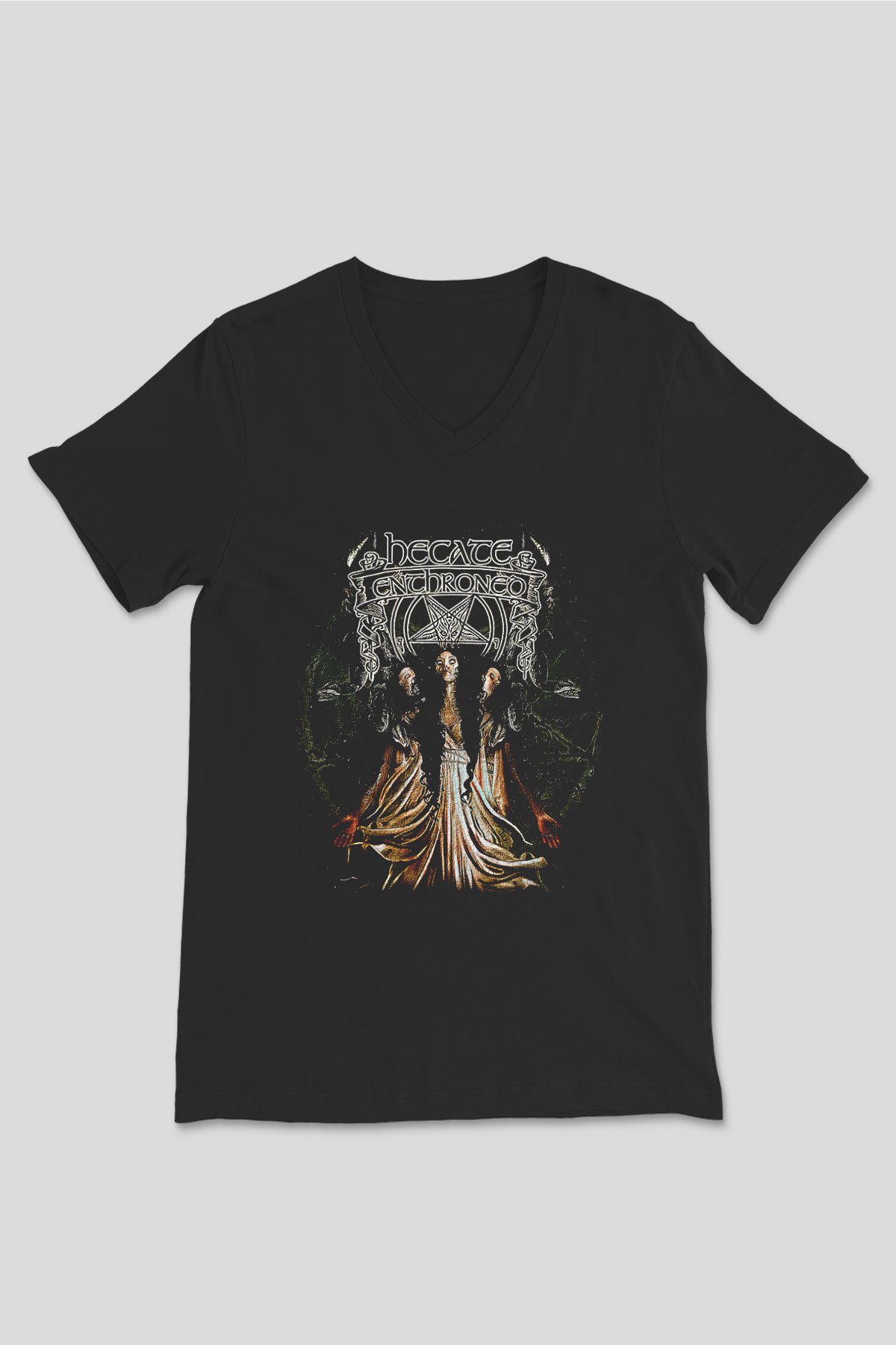 Hecate Enthroned Baskılı Unisex Siyah V Yaka Tişört - Tshirt