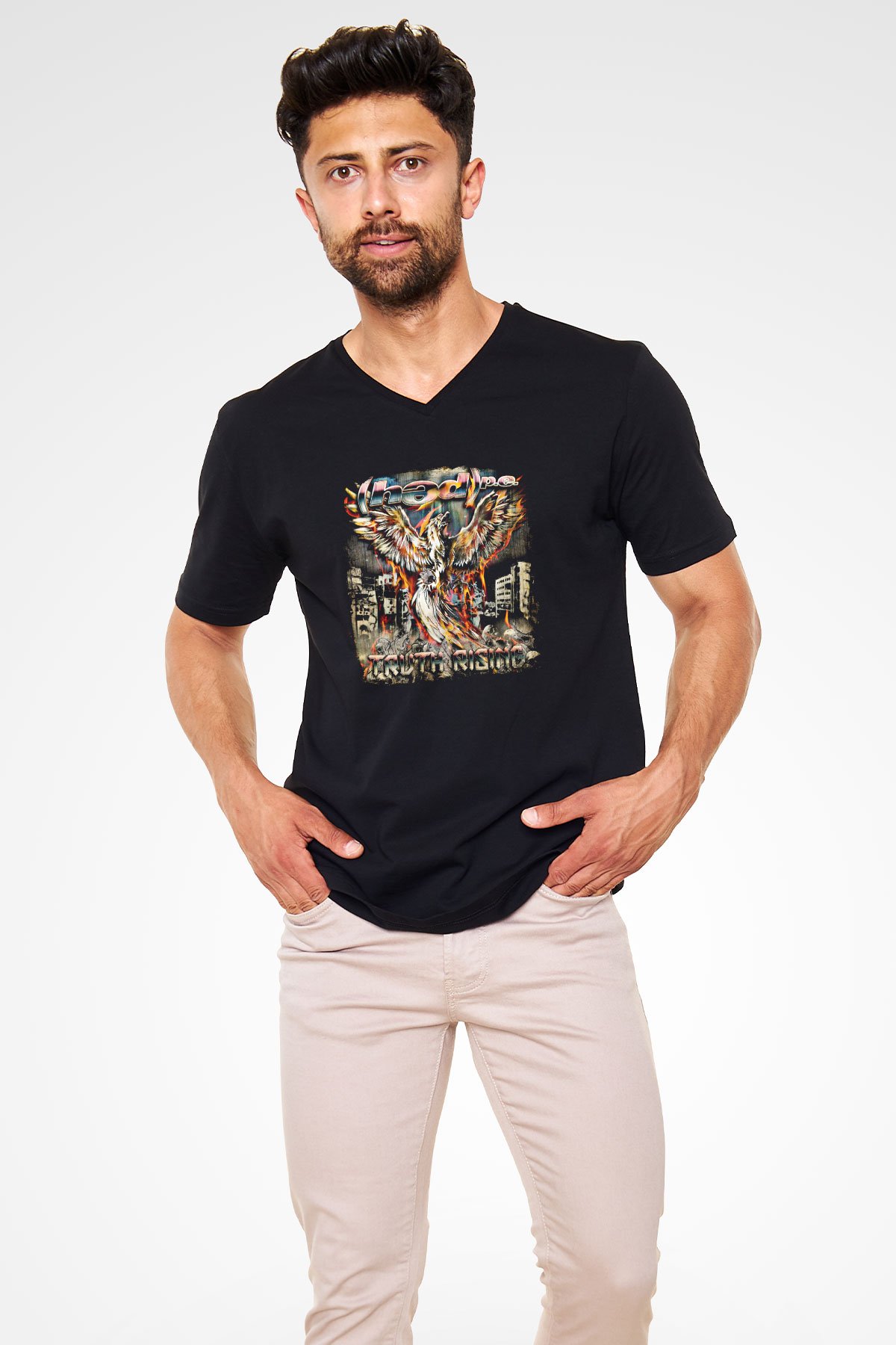 Hed PE Baskılı Unisex Siyah V Yaka Tişört