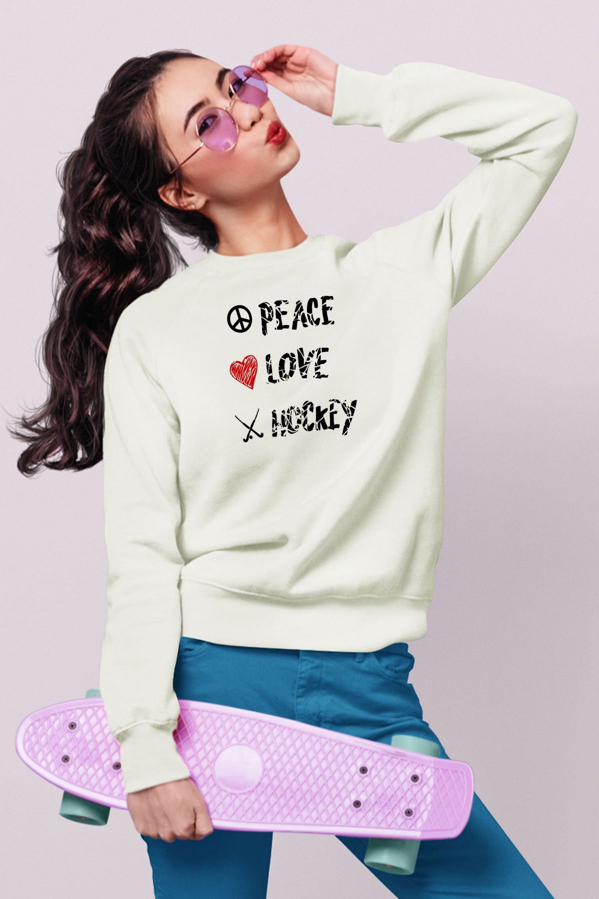 Hokey Baskılı Unisex Ekru Sweatshirt