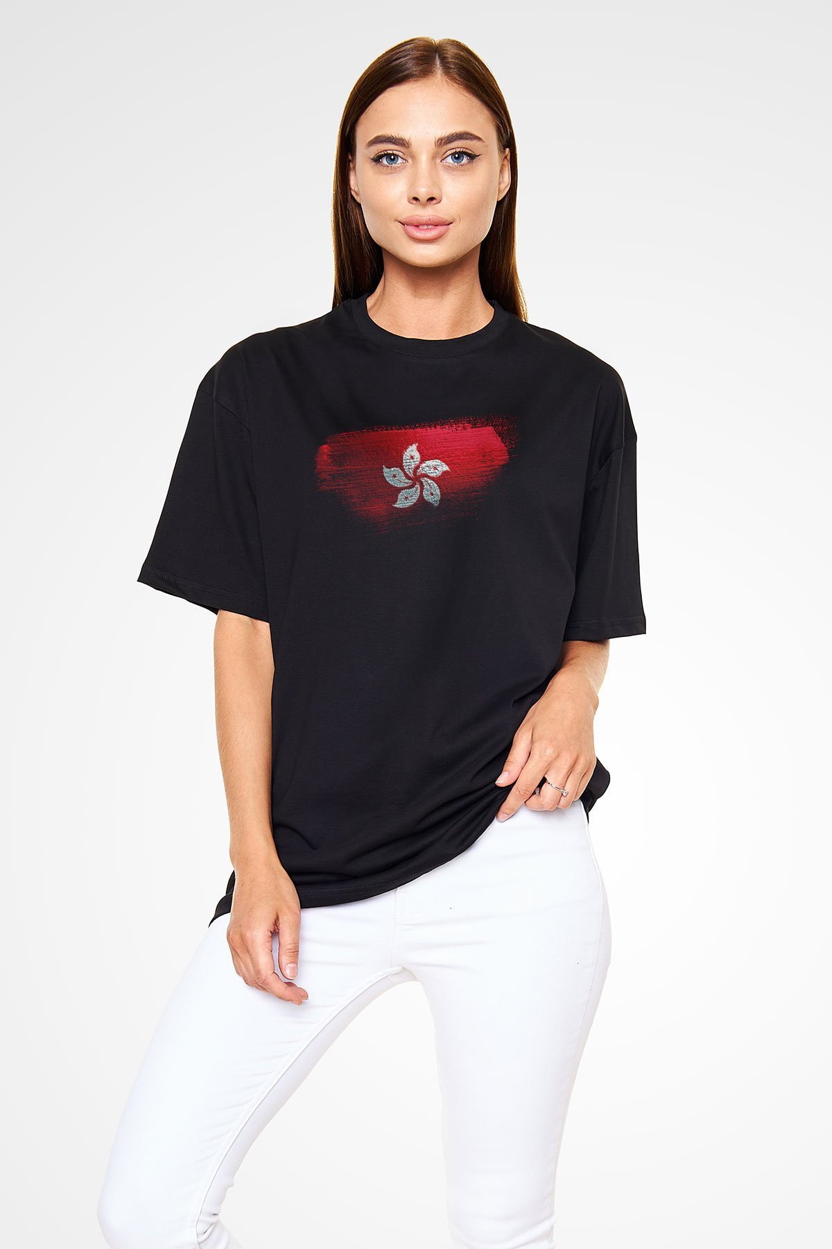 Hong Kong Bayrağı Baskılı Unisex Siyah Oversize Tişört