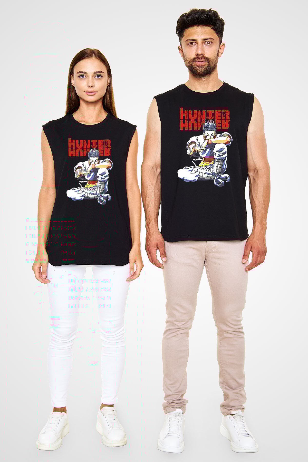 Hunter X Hunter Baskılı Unisex Siyah Kolsuz Tişört - Tshirt