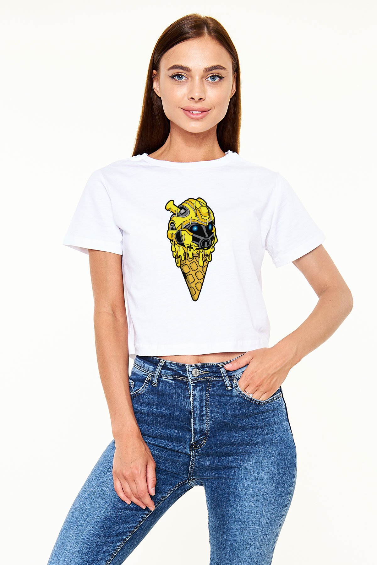 Ice Cream Bumble Bee Baskılı Beyaz Kadın Crop Top Tişört
