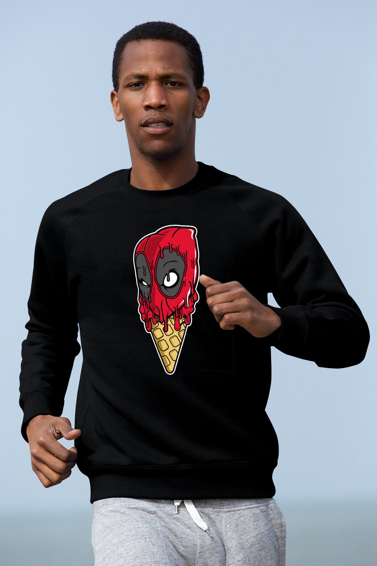 Ice Cream Deadpool Baskılı Unisex Siyah Sweatshirt