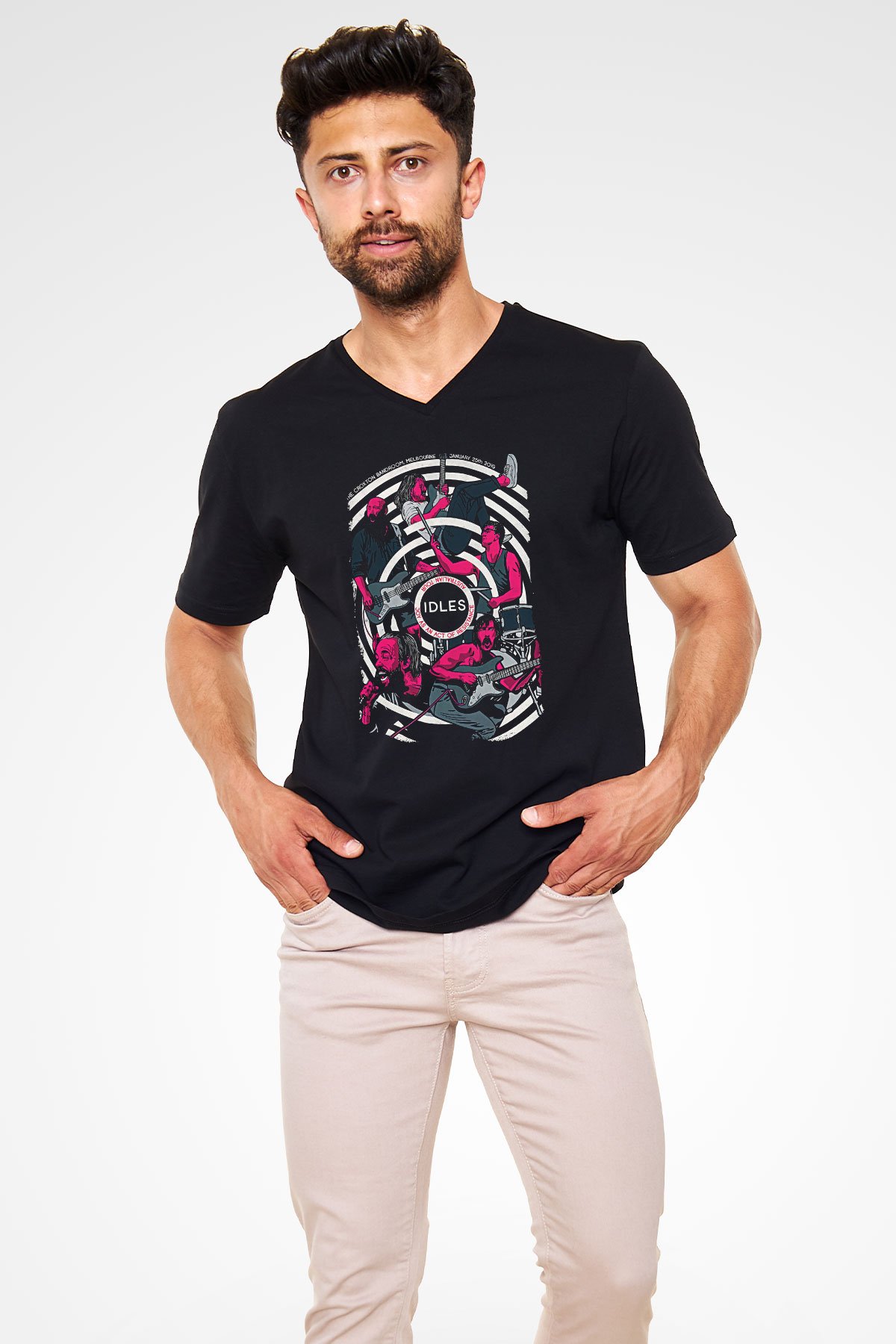 Idles Baskılı Unisex Siyah V Yaka Tişört - Tshirt