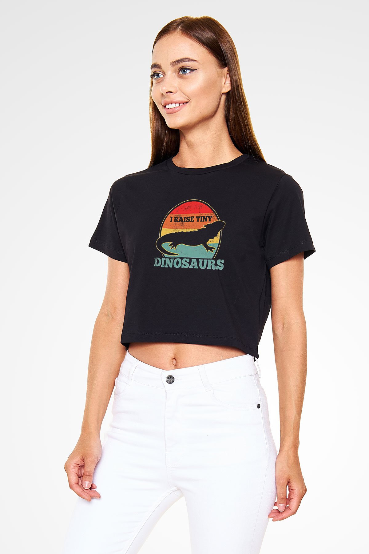 İguana Baskılı Siyah Crop Top Kadın Tişört - Tshirt