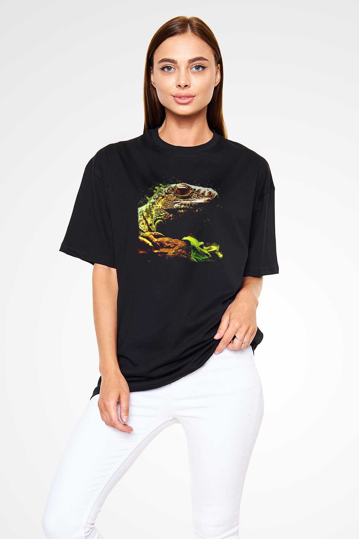 İguana Baskılı Unisex Siyah Oversize Tişört - Tshirt