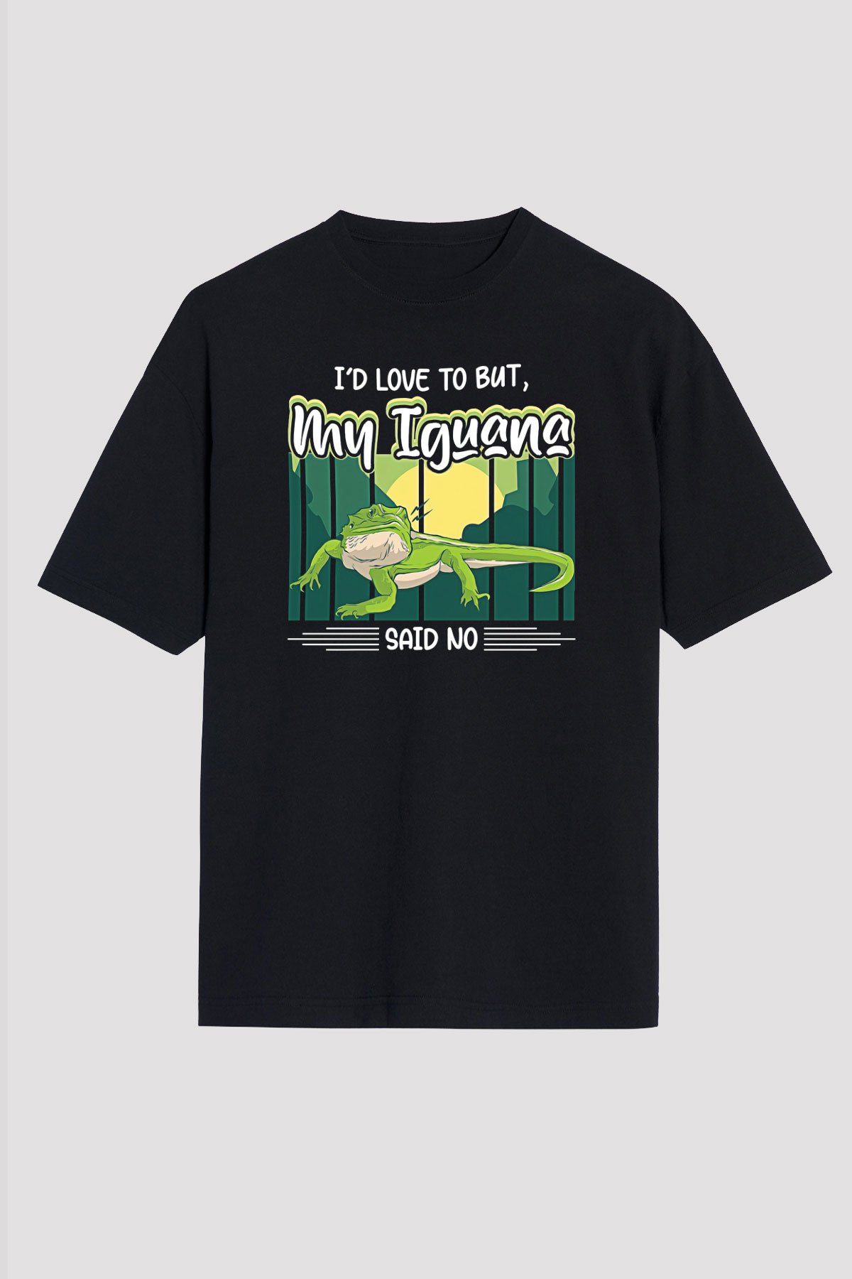 İguana Baskılı Unisex Siyah Oversize Tişört - Tshirt