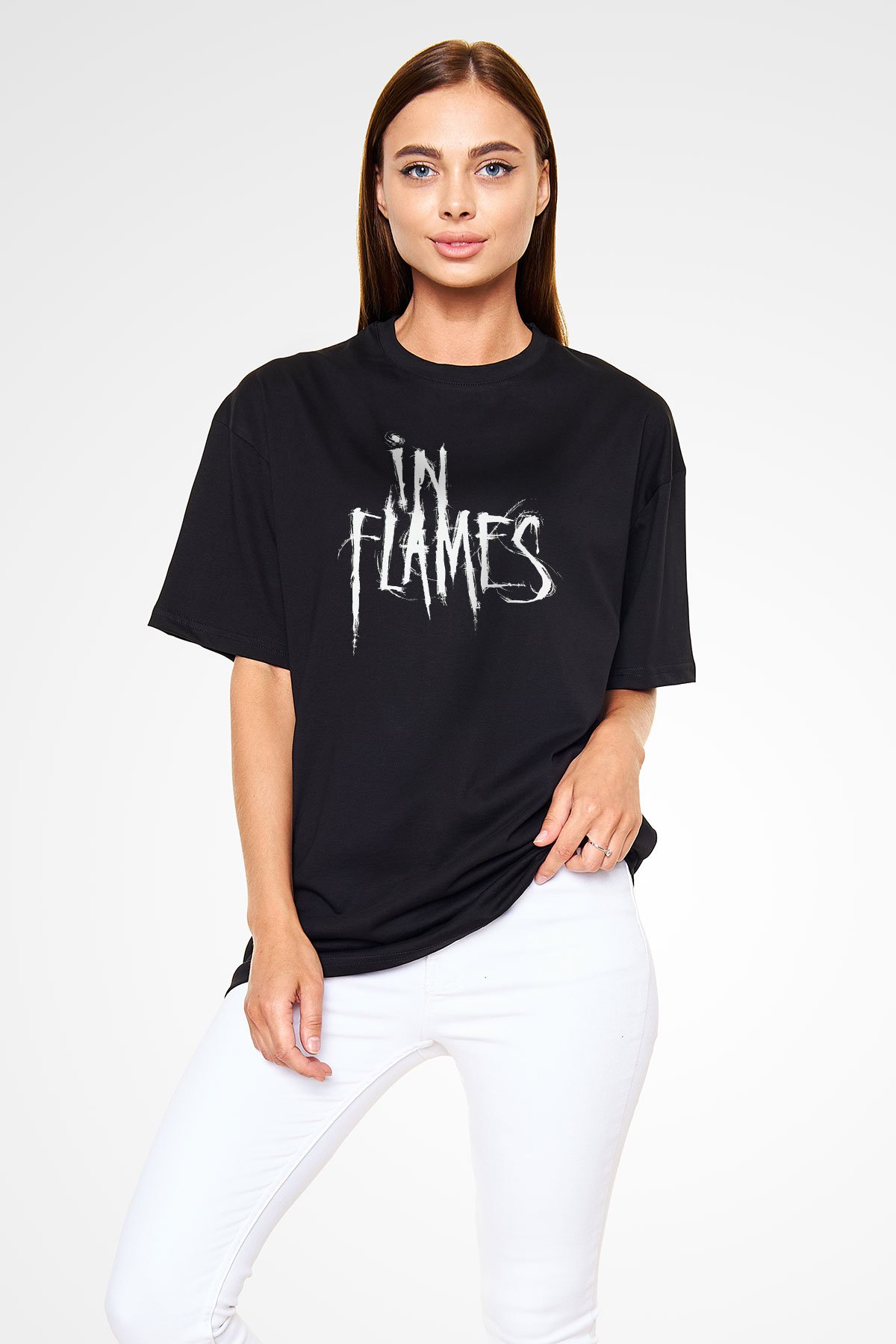 In Flames Siyah Unisex Oversize Tişört T-Shirt