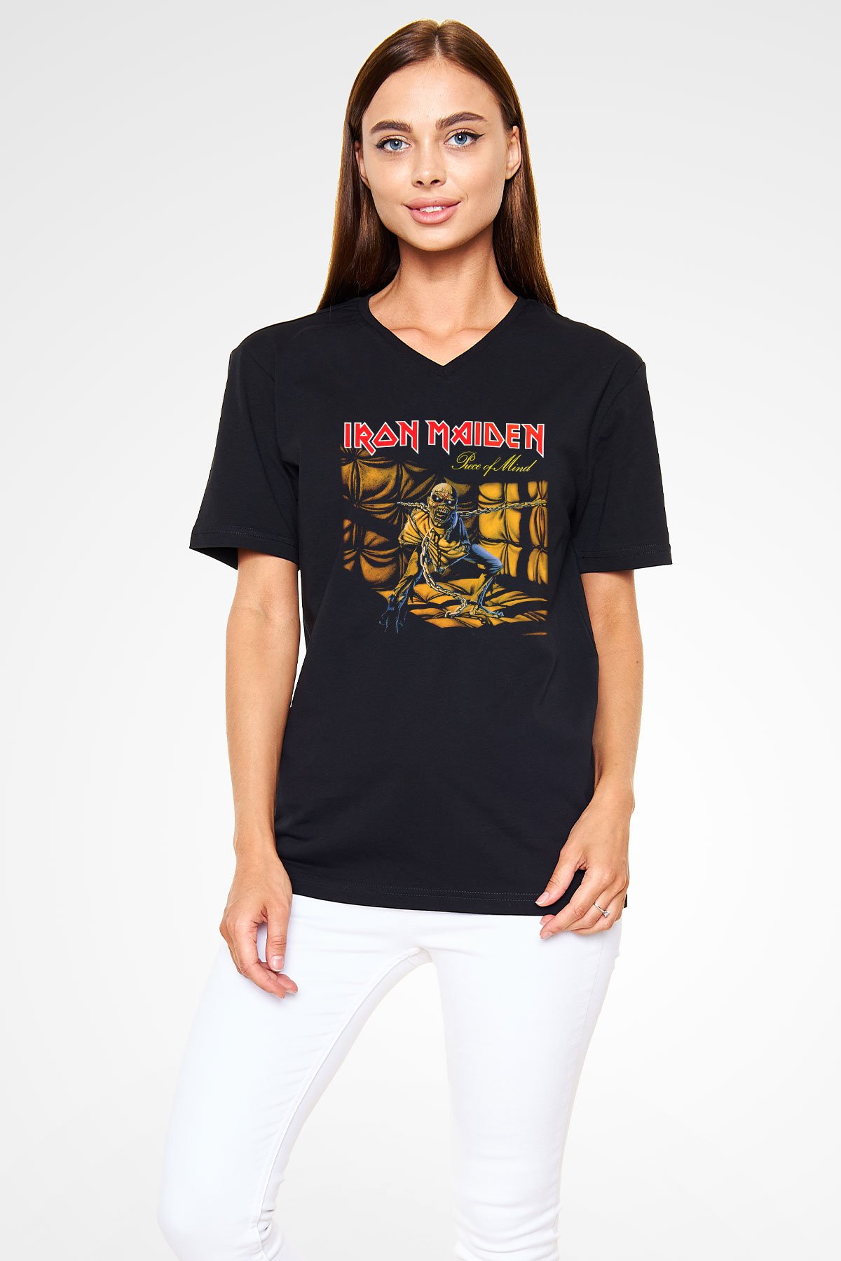 Iron Maiden Siyah Unisex V Yaka Tişört T-Shirt