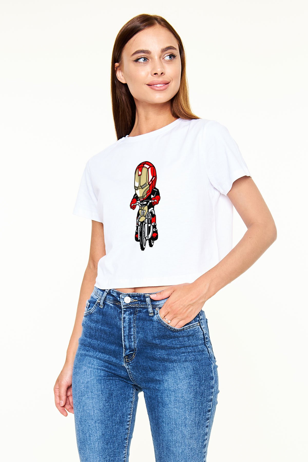 Iron Man Biker Baskılı Beyaz Kadın Crop Top Tişört