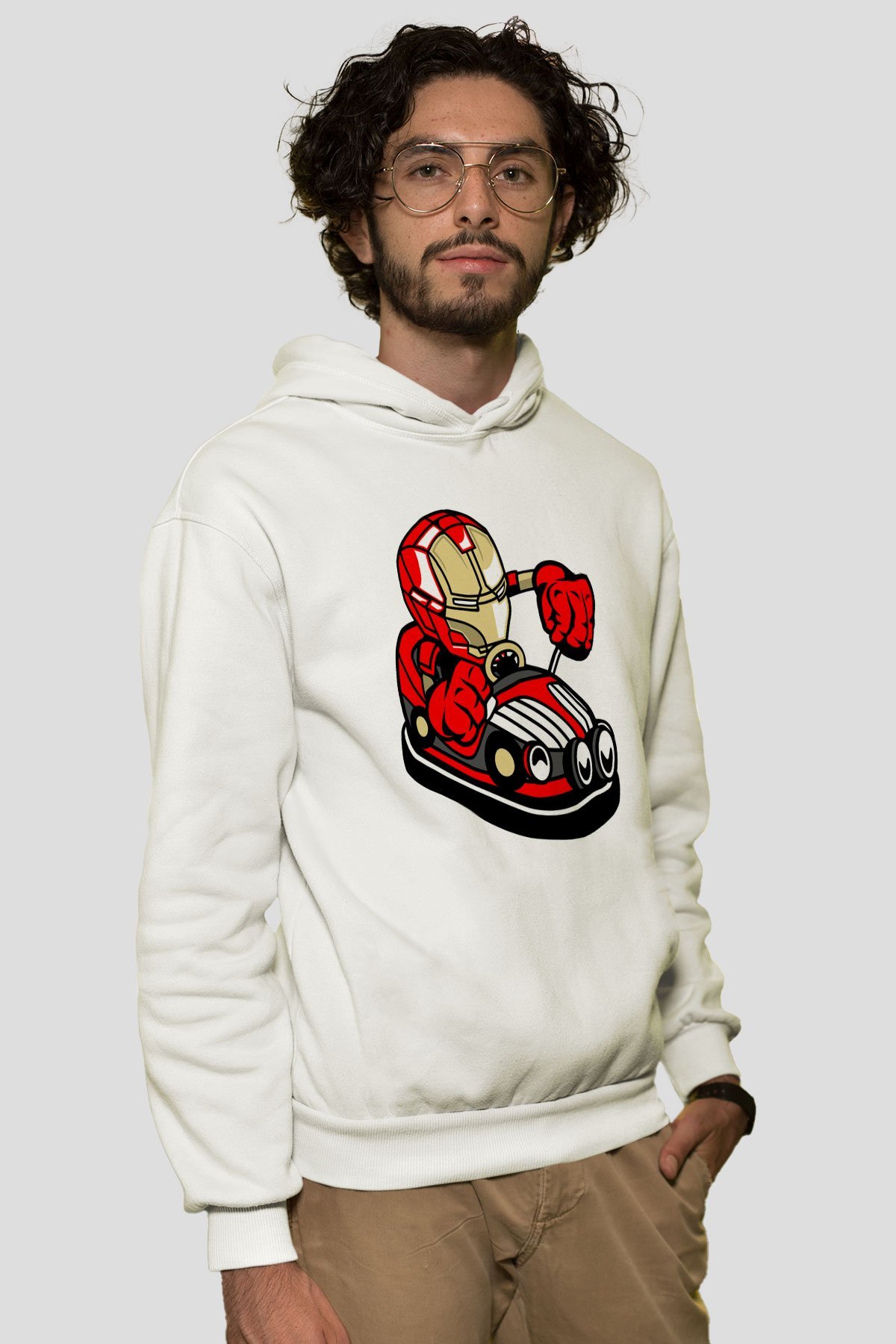 Iron Man Car Toy Baskılı Unisex Beyaz Hoodie