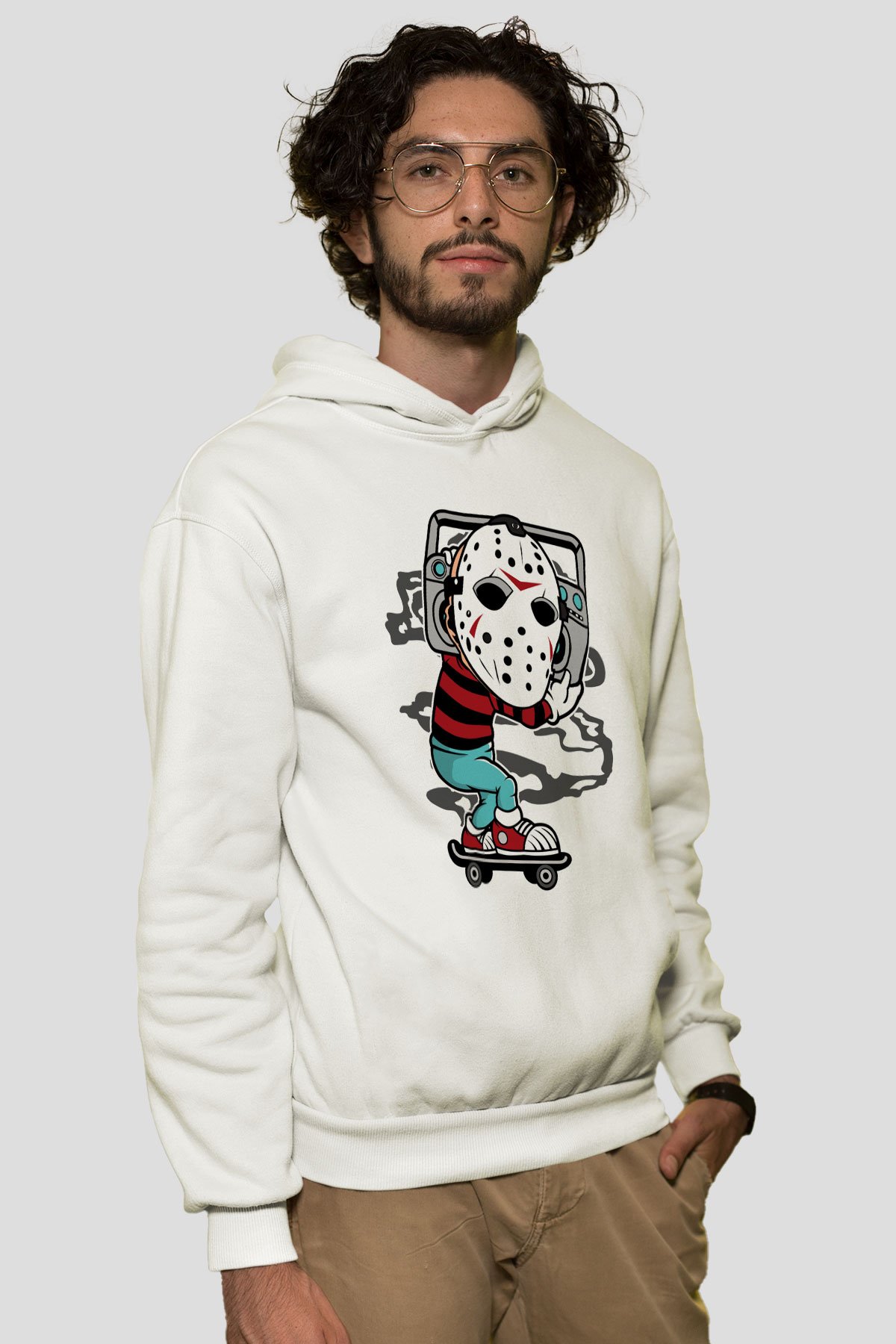 Jason Boombox Baskılı Unisex Beyaz Hoodie