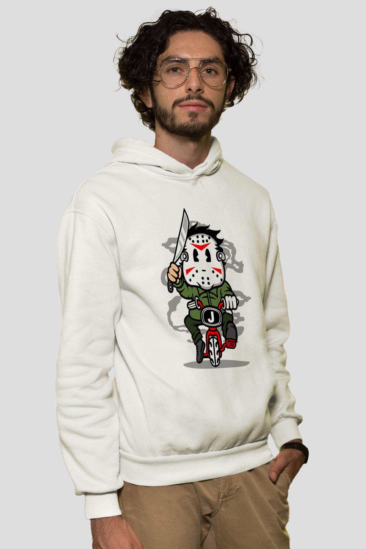 Jason Minibike Baskılı Unisex Beyaz Hoodie