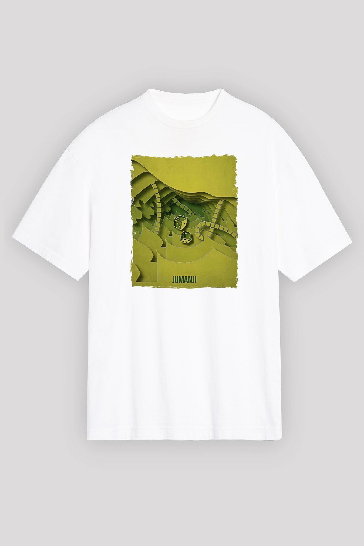 Jumanji Baskılı Beyaz Unisex Oversize Tişört - Tshirt