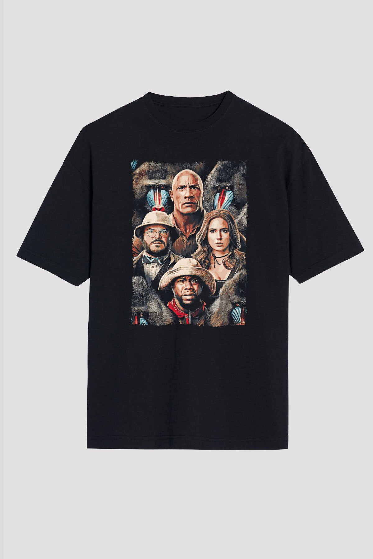 Jumanji Baskılı Unisex Siyah Oversize Tişört - Tshirt