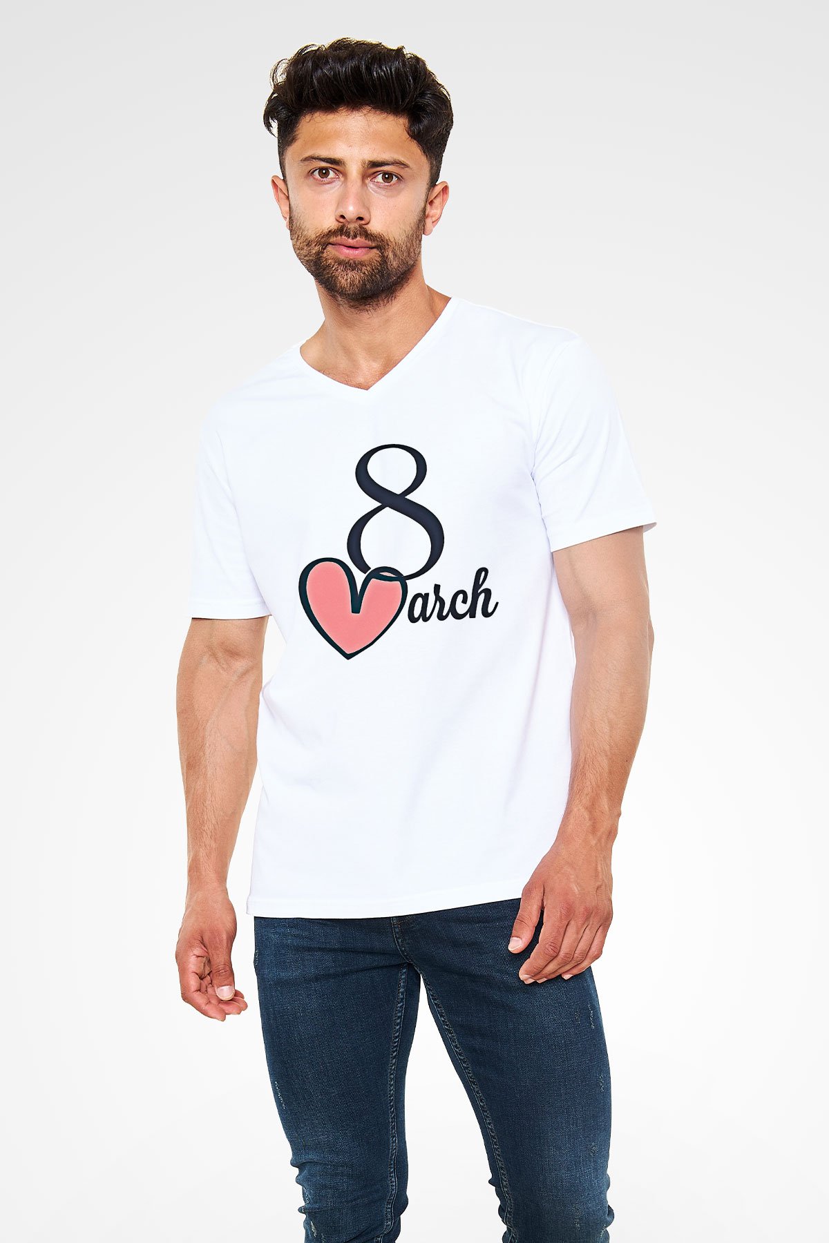 Kadınlar Günü Baskılı Beyaz Unisex V Yaka Tişört - Tshirt