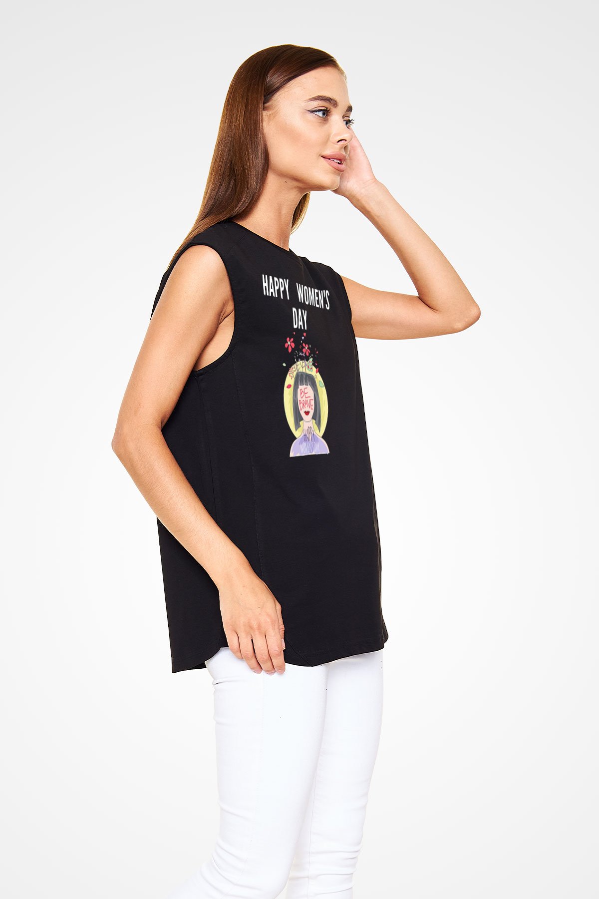 Kadınlar Günü Baskılı Unisex Siyah Kolsuz Tişört - Tshirt