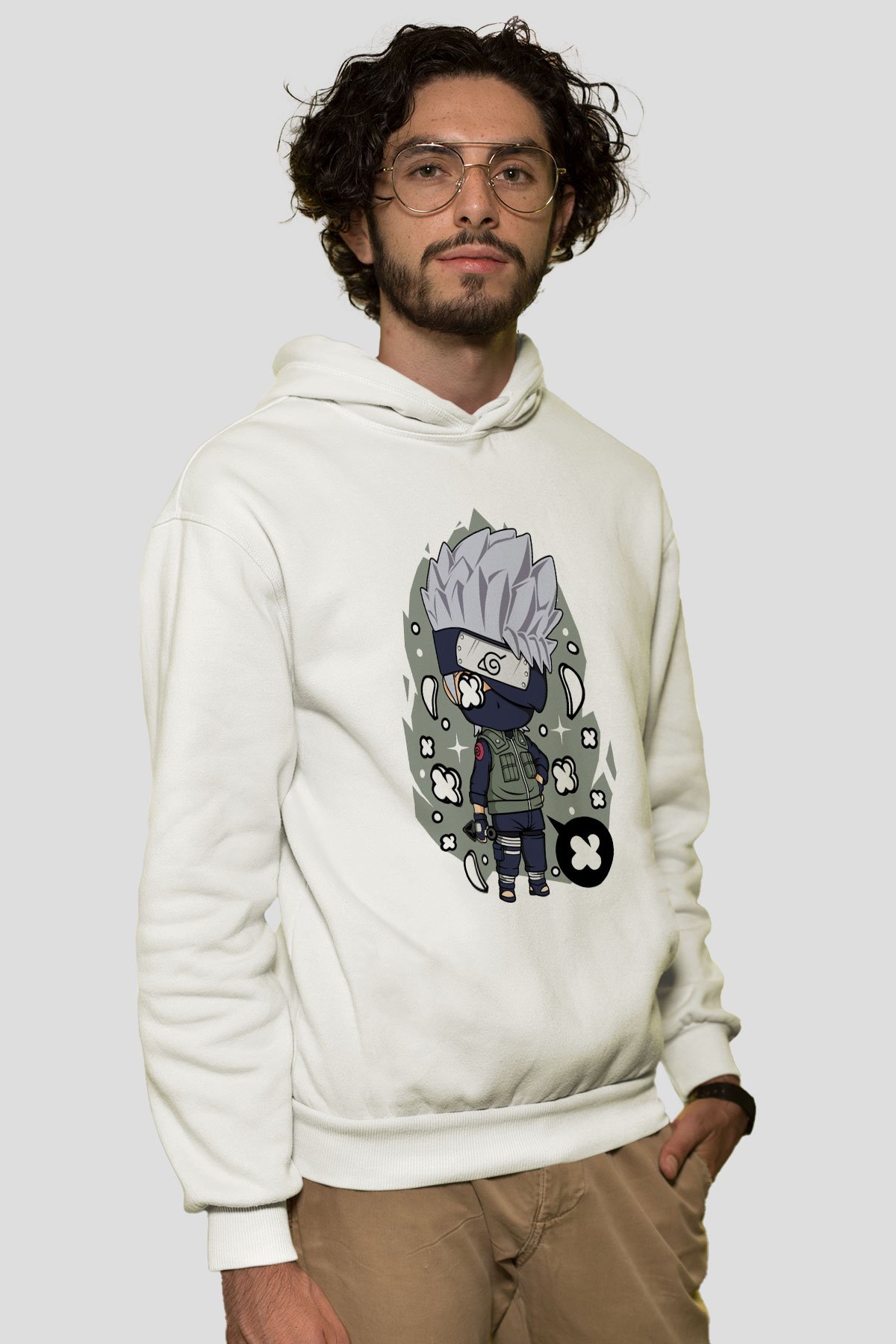 Kakashi Baskılı Beyaz Unisex Hoodie
