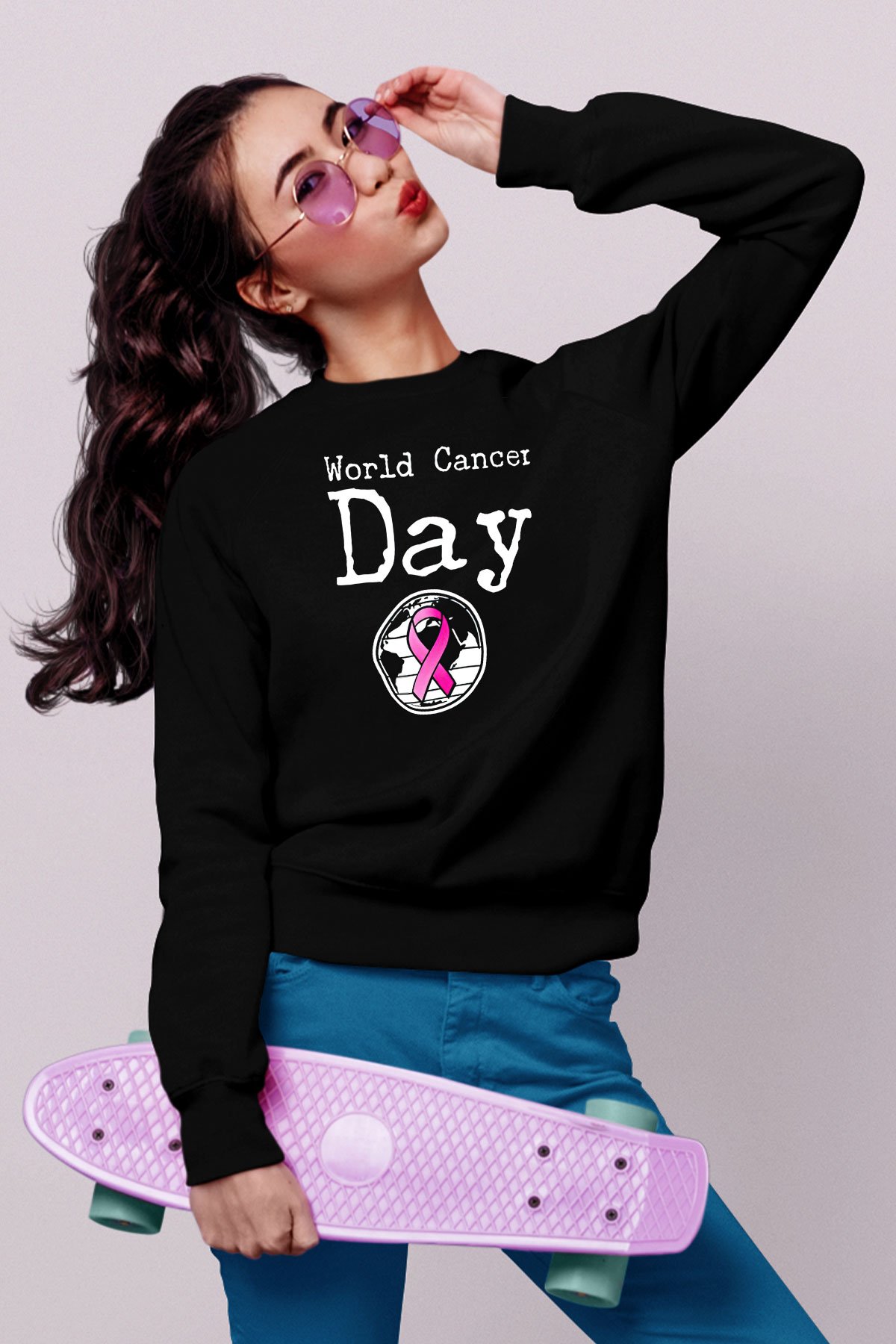 Kanser Günü Baskılı Unisex Siyah Sweatshirt