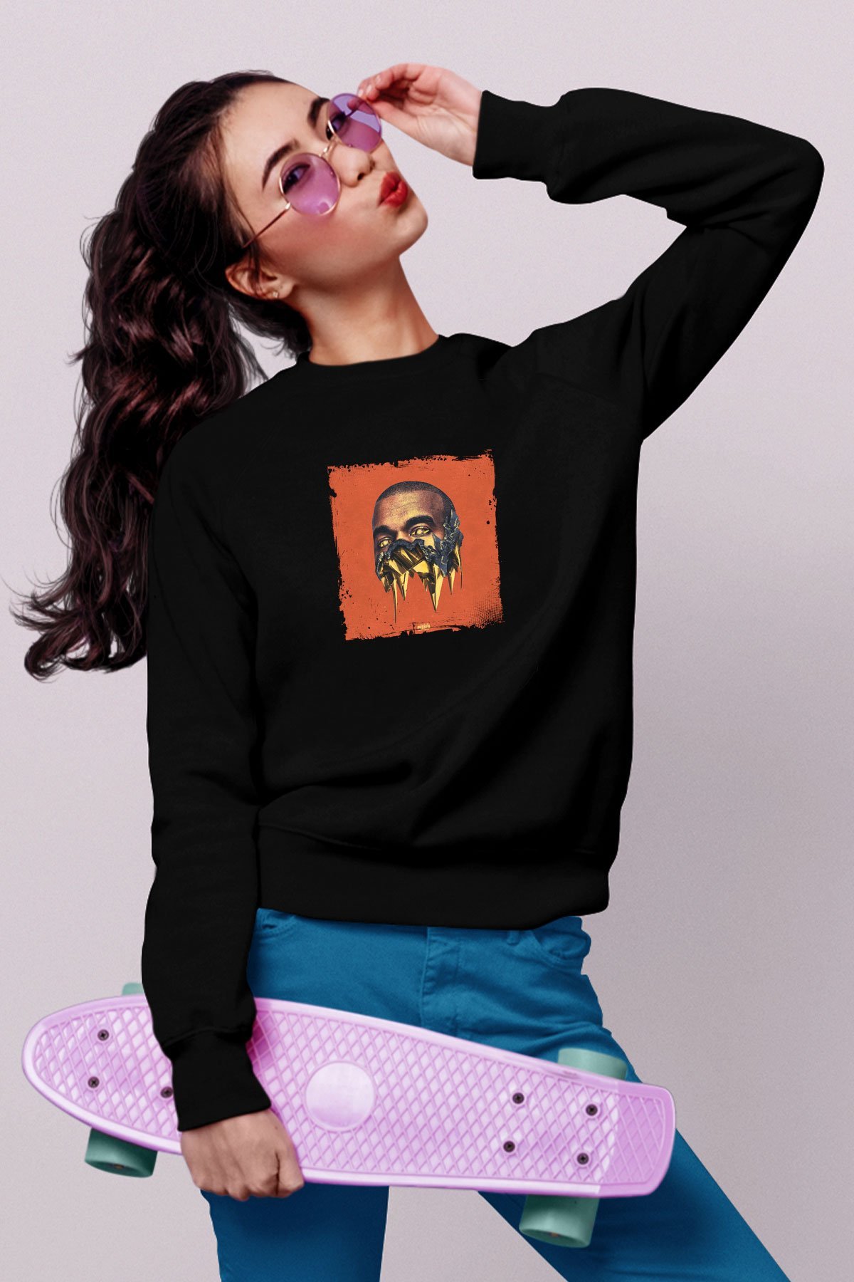 Kanye West Baskılı Unisex Siyah Sweatshirt