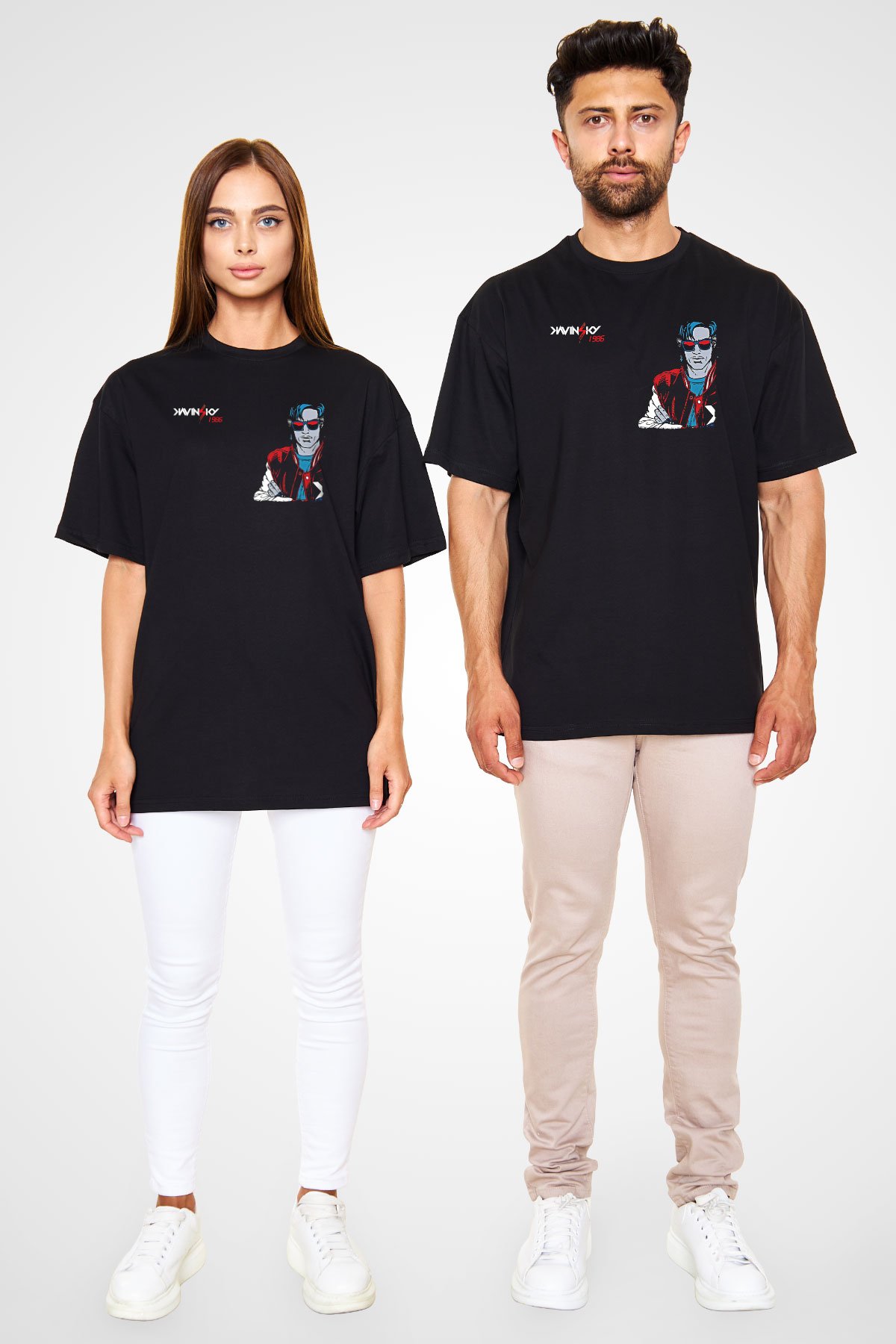 Kavinsky Baskılı Unisex Siyah Oversize Tişört - Tshirt
