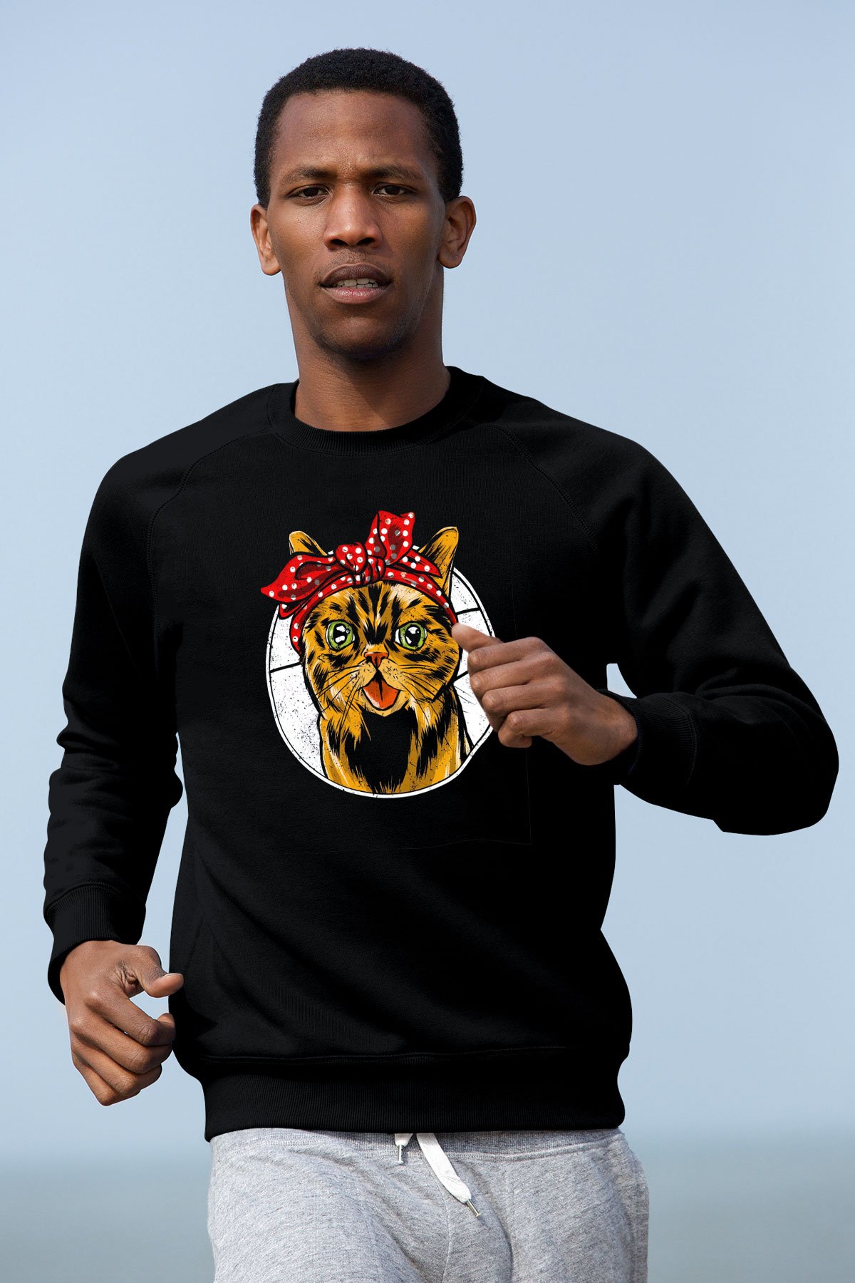 Kedicik Baskılı Unisex Siyah  Sweatshirt
