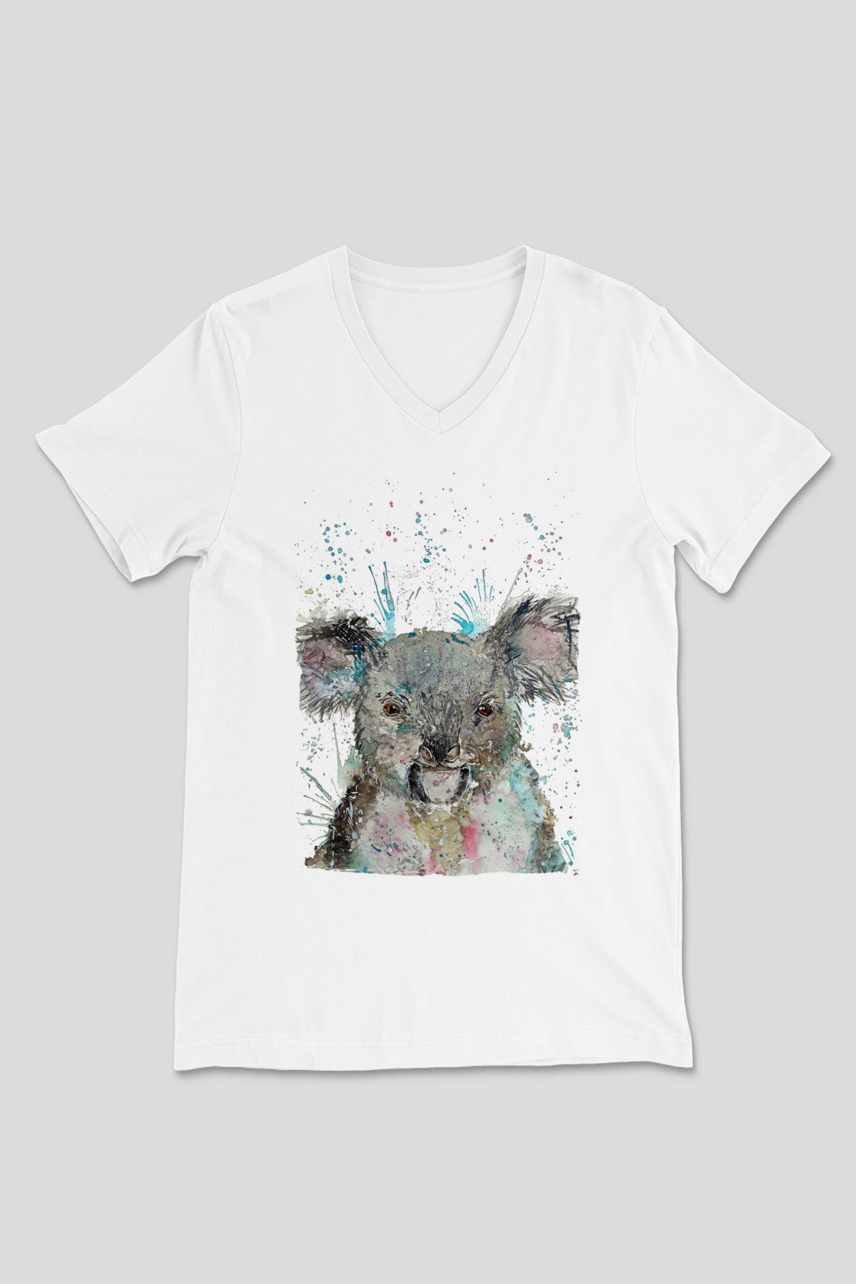 Koala Baskılı Beyaz Unisex V Yaka Tişört - Tshirt