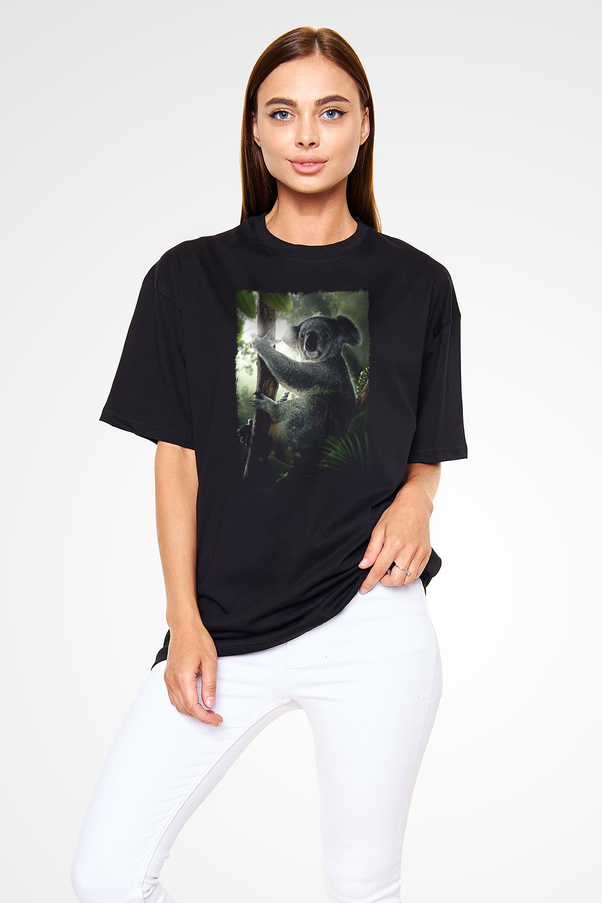 Koala Baskılı Unisex Siyah Oversize Tişört - Tshirt