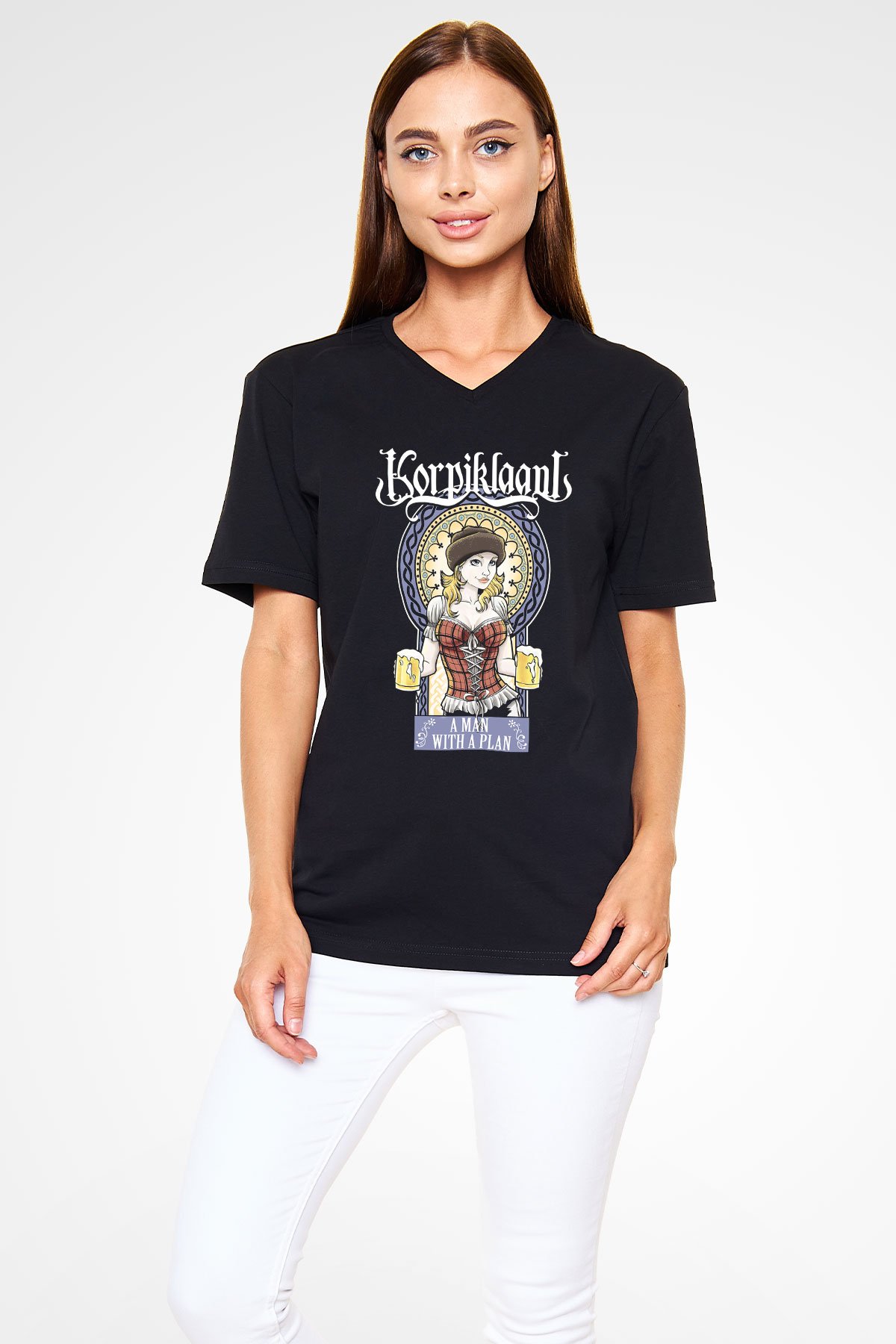 Korpiklaani Siyah Unisex V Yaka Tişört T-Shirt