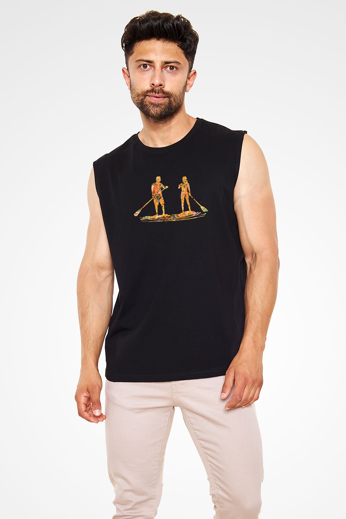 Kürek - Paddle Boarding Baskılı Unisex Siyah Kolsuz Tişört