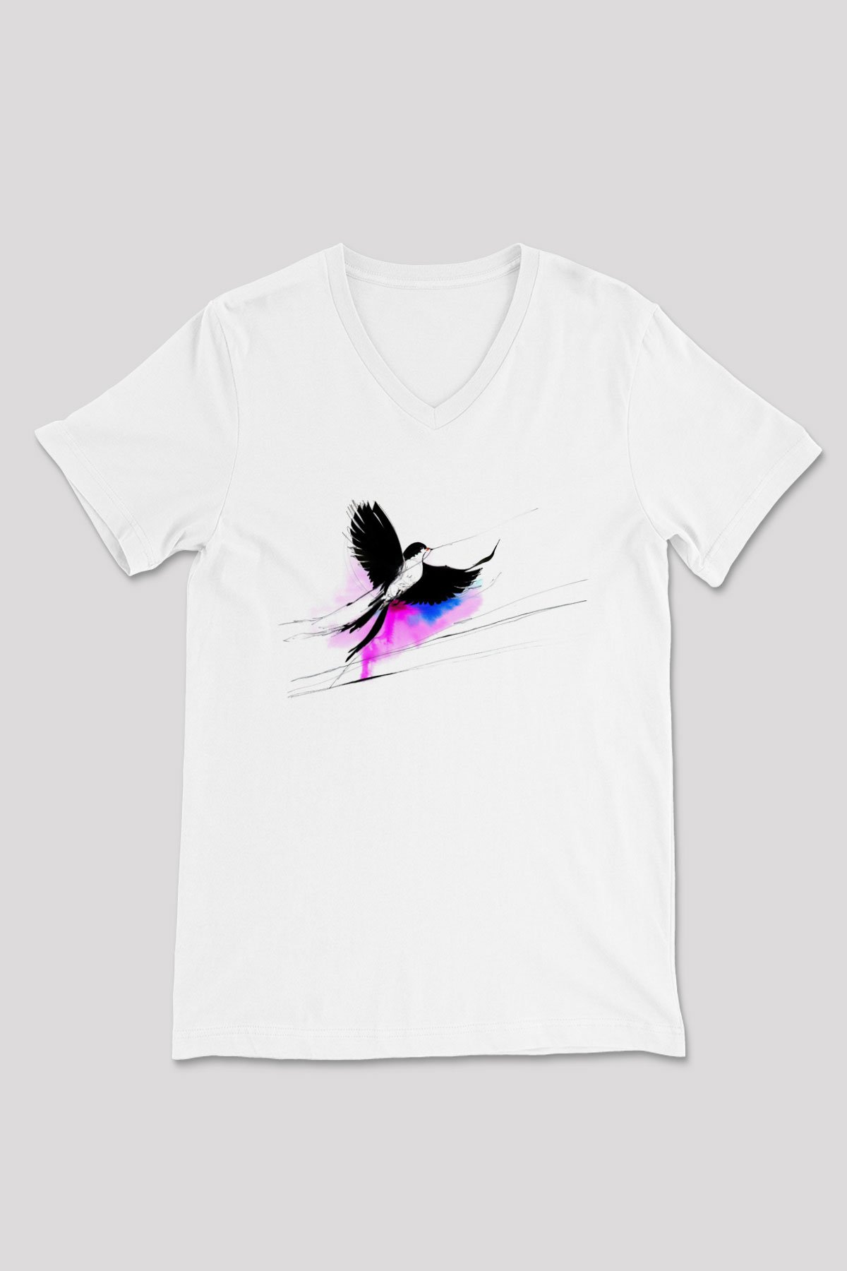 Kuş Beyaz Unisex V Yaka Tişört