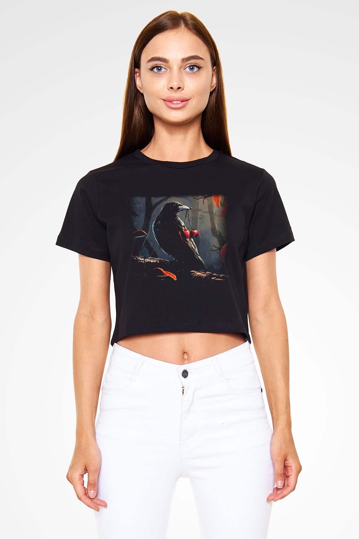 Kuş Siyah Crop Top Tişört