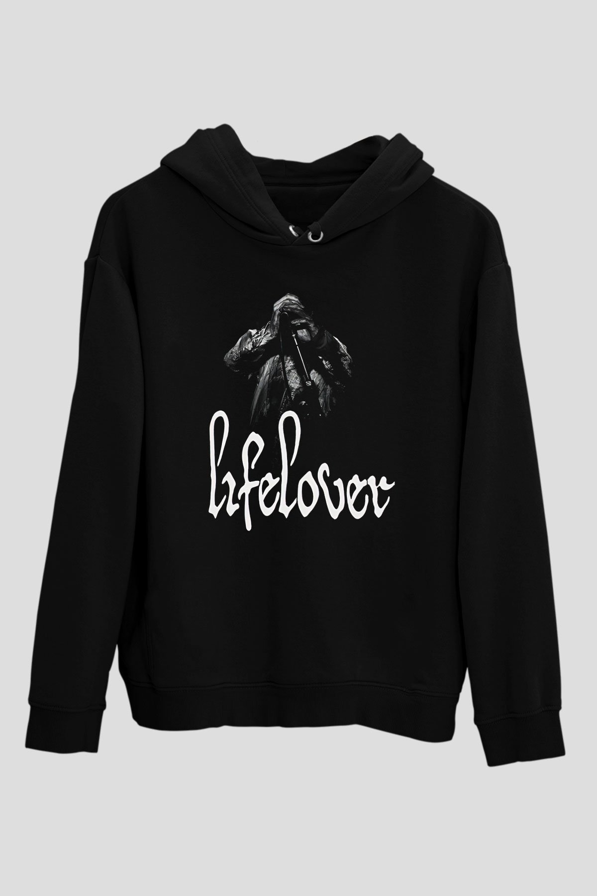 Lifelover Baskılı Unisex Siyah Kapüşonlu Sweatshirt