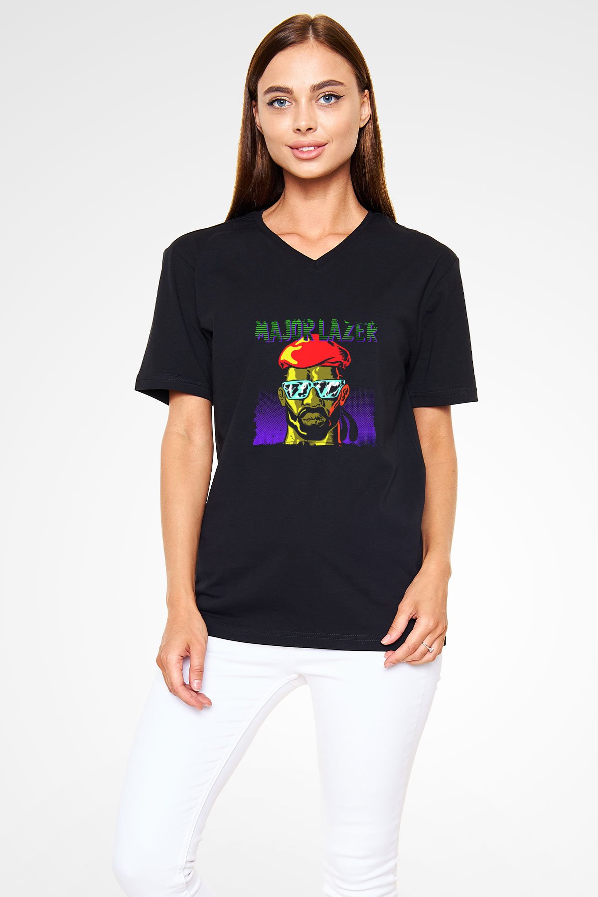 Major Lazer Baskılı Unisex Siyah V Yaka Tişört