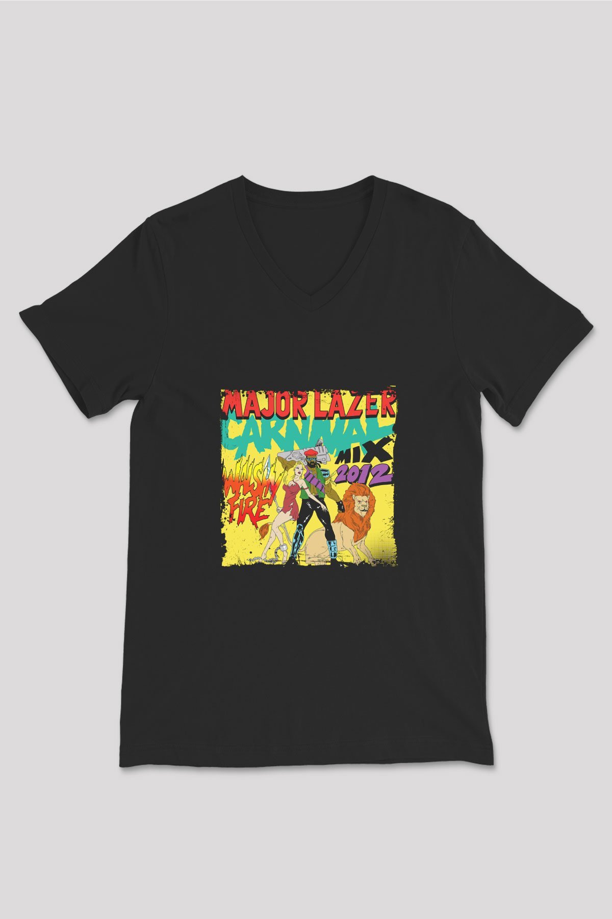 Major Lazer Baskılı Unisex Siyah V Yaka Tişört
