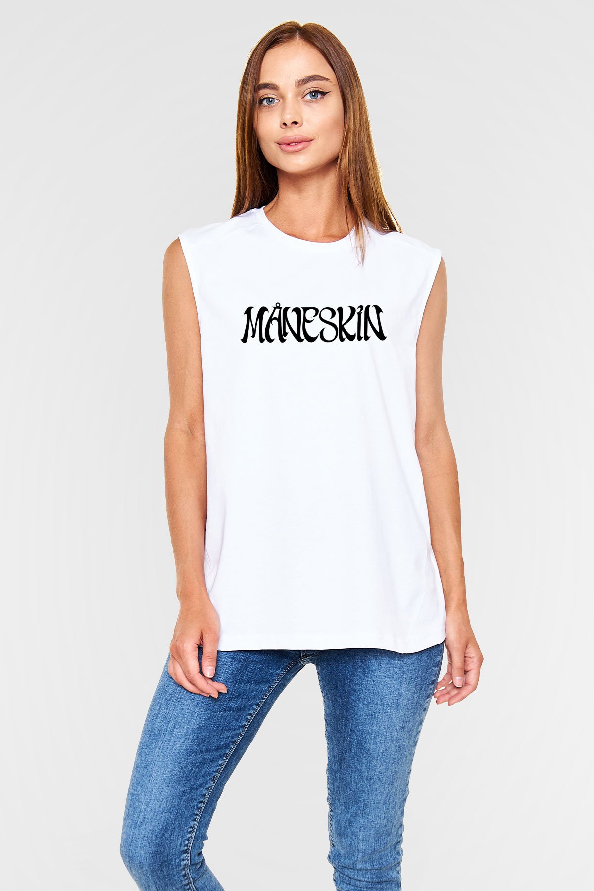 Maneskin Baskılı Beyaz Unisex Kolsuz Tişört - Tshirt