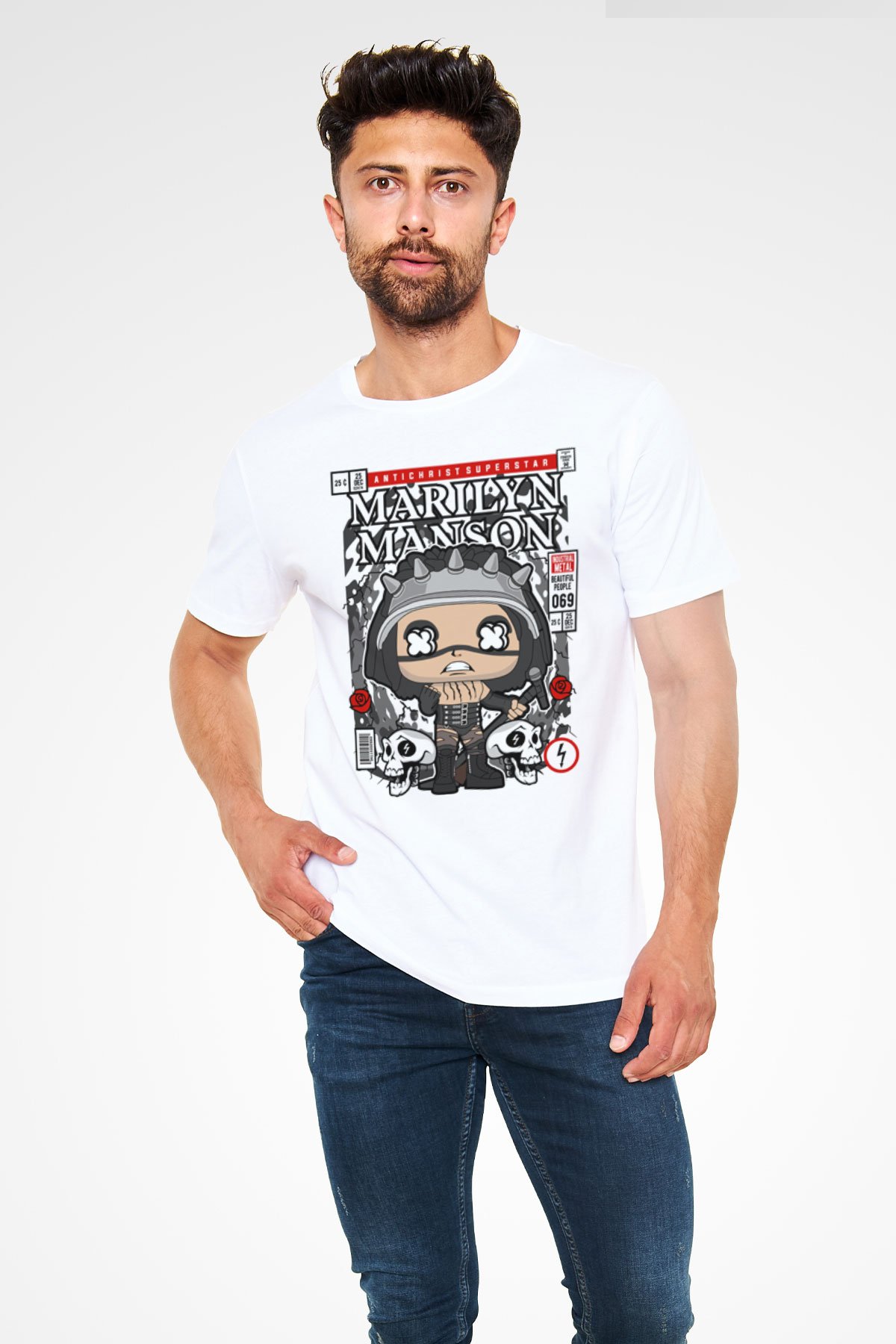 Marilyn Manson Baskılı Unisex Beyaz Tişört