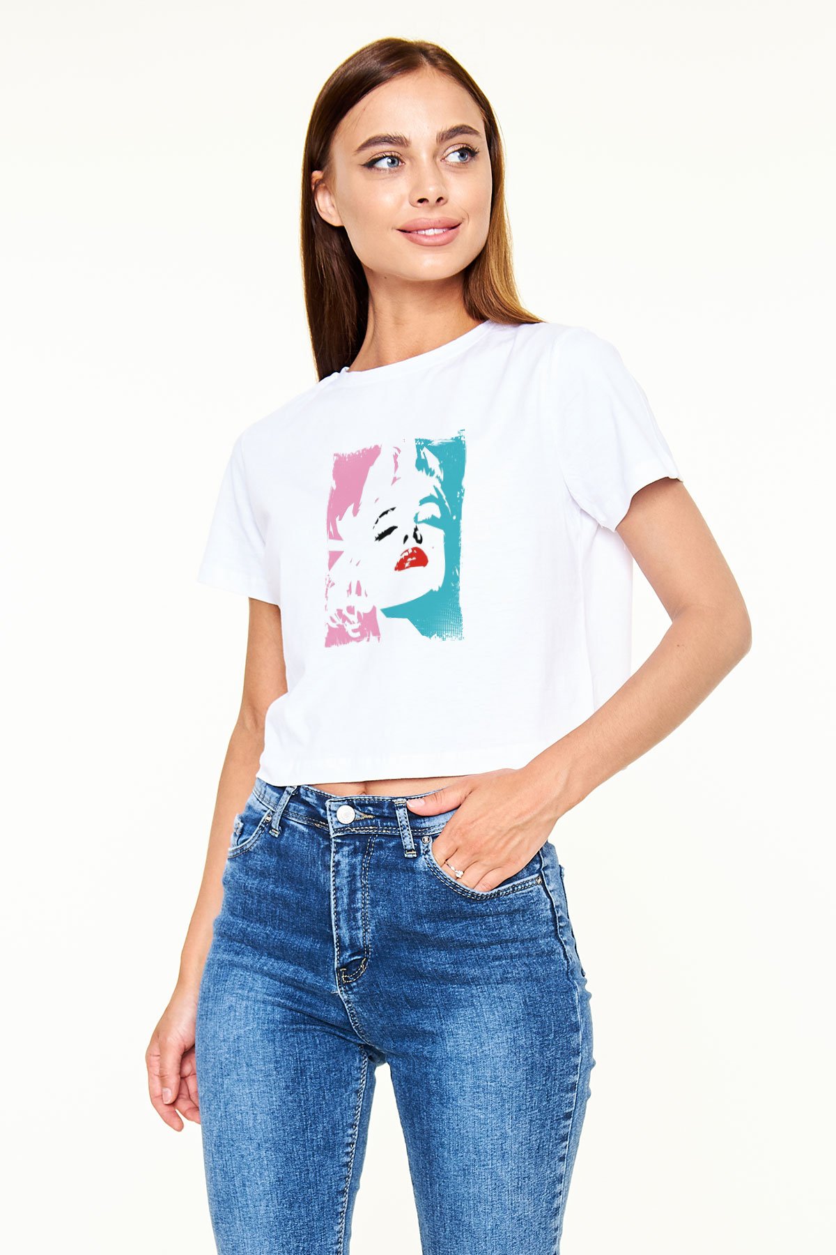 Marilyn Monroe Baskılı Beyaz Kadın Crop Top Tişört