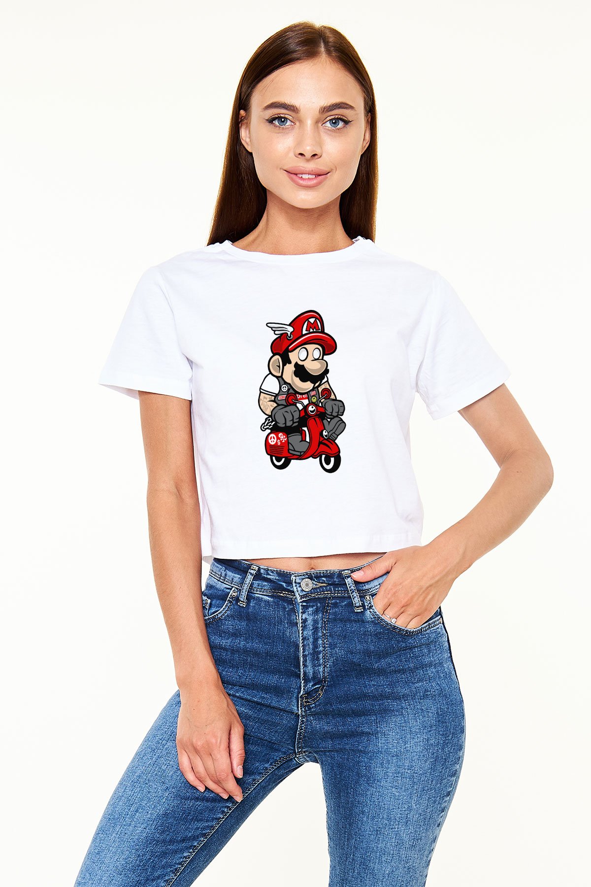 Mario Scooter Baskılı Beyaz Kadın Crop Top Tişört
