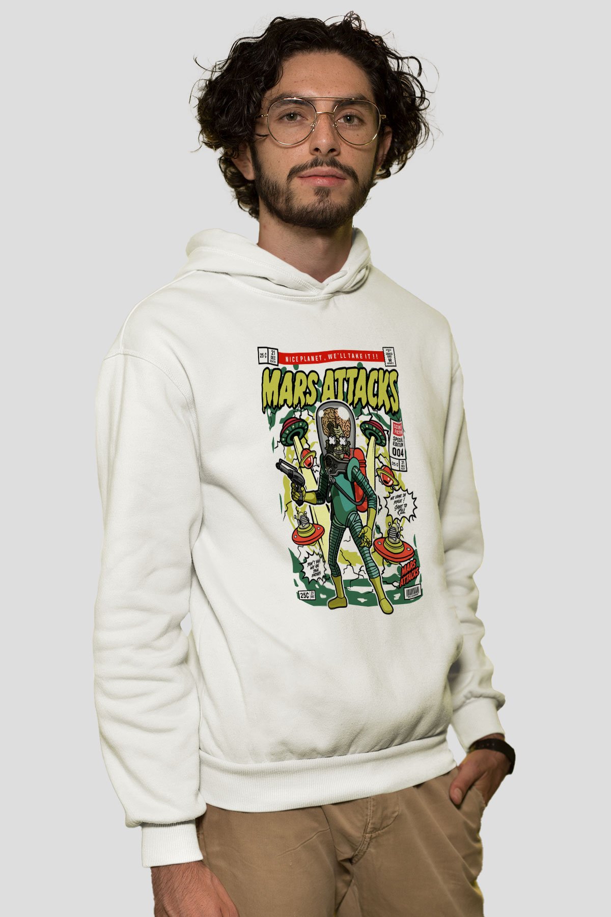 Mars Attacks Baskılı Unisex Beyaz Hoodie