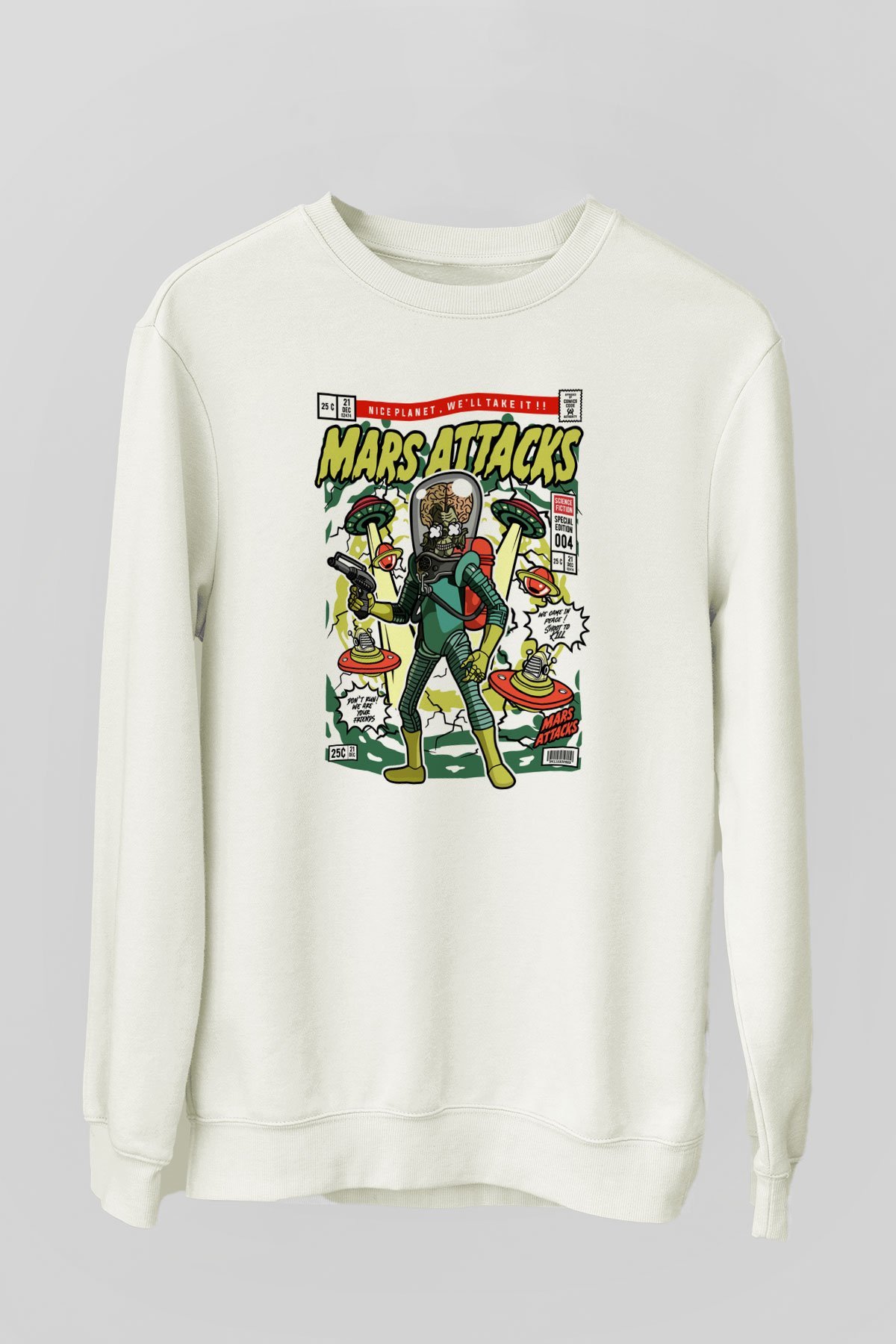 Mars Attacks Baskılı Unisex Beyaz Sweatshirt