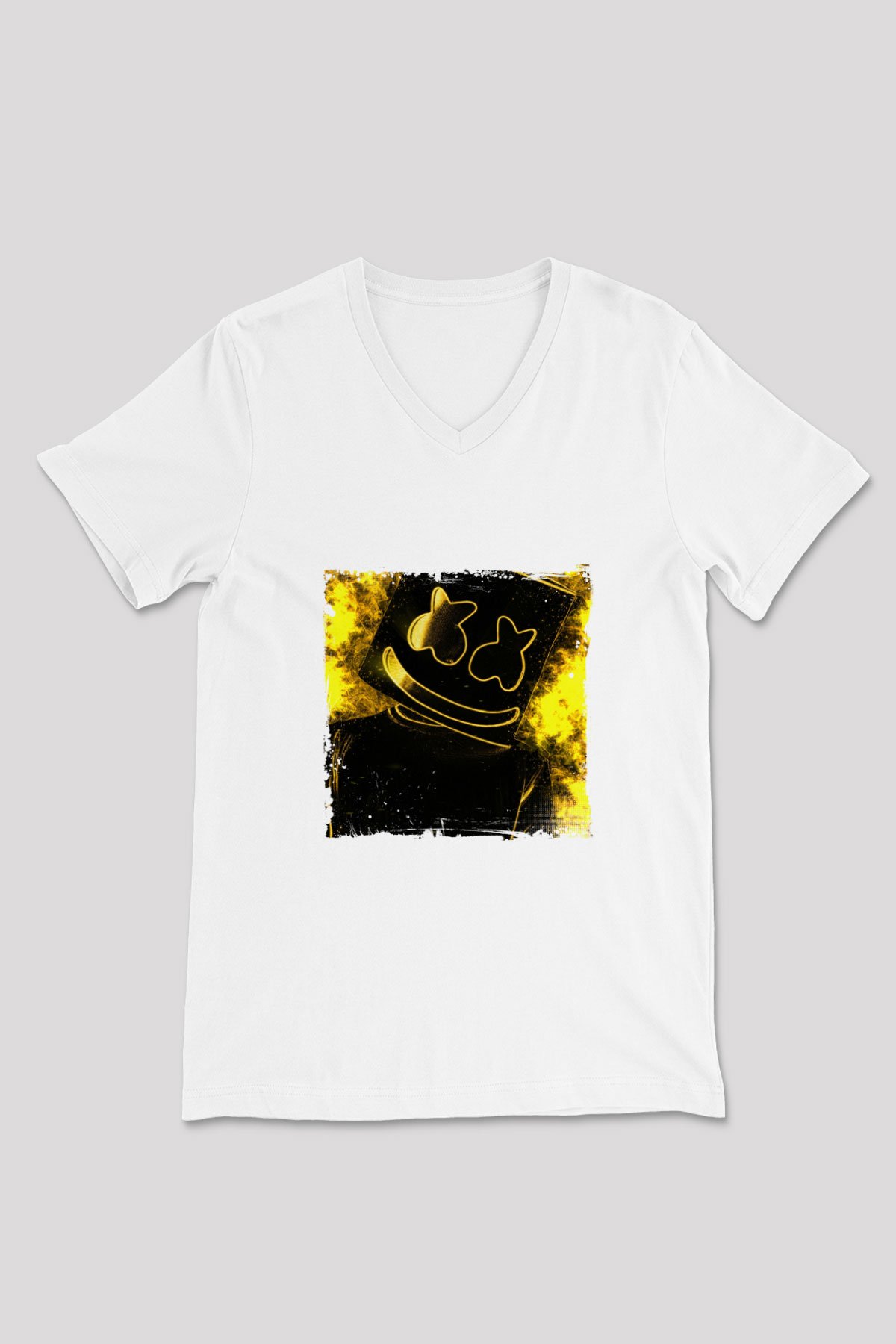 Marshmello Baskılı Beyaz V Yaka Unisex Tişört