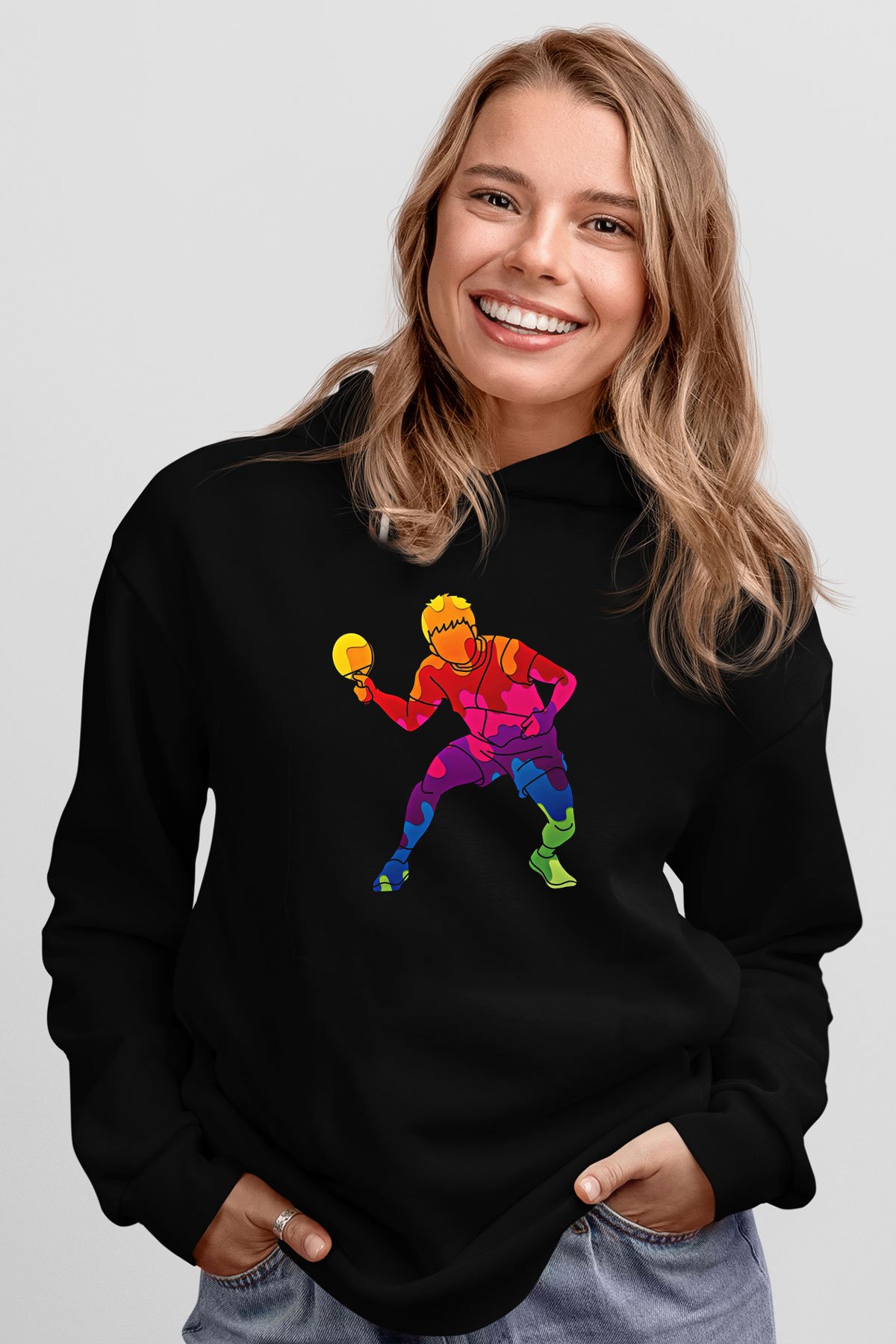 Masa Tenisi - Ping Pong Baskılı Unisex Siyah Hoodie